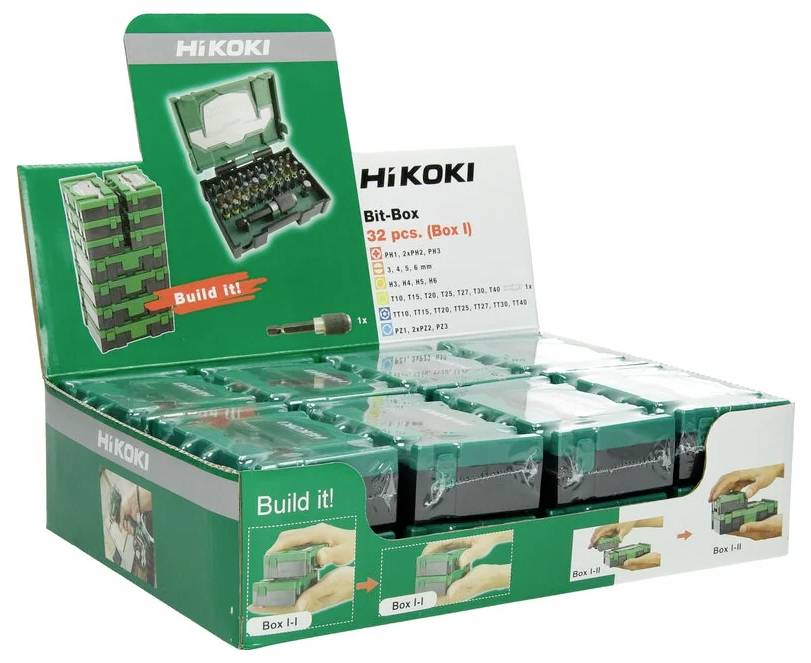 Boîte de rangement HiKOKI Bit-Box 32 pcs. présentant des coffrets verts contenant des forets et un manche de tournevis, promouvant un ensemble d'outils polyvalent.