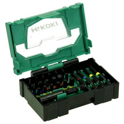 Une boîte à outils HIKOKI verte et noire contenant plusieurs embouts de tournevis et outils soigneusement rangés à l'intérieur d'un étui en plastique ouvert.