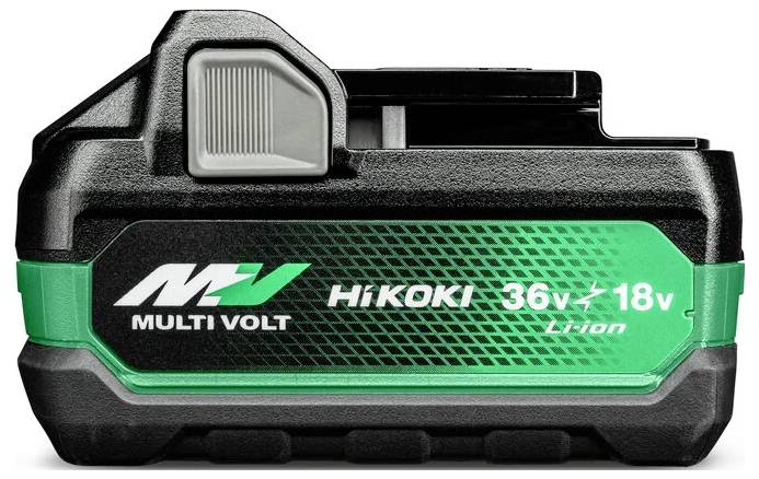Batterie portable multi-tension pour outils électriques, marquée « Multi Volt 36V - 18V Hikoki Li-ion », présentant un design vert et noir.