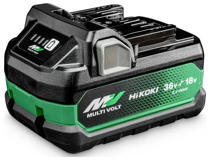 Une batterie d'outil électrique compact noir et vert avec le texte 'Multi Volt Hikoki 36V/18V Li-ion', compatible avec des outils à tensions multiples.
