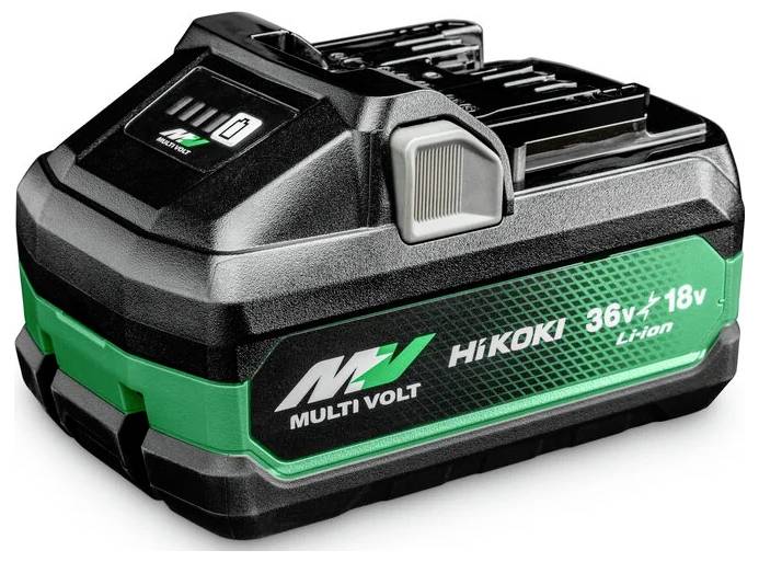 Une batterie 'HiKoki Multi Volt' affichant des tensions doubles : 36V et 18V. La batterie présente un design compact et robuste.