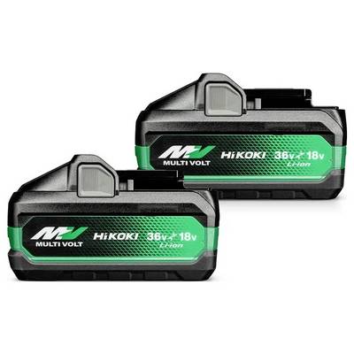 Deux batteries lithium-ion Multi Volt Hikoki, de couleur noire et verte, étiquetées « 36V + 18V », démontrant leur compatibilité pour les deux tensions.