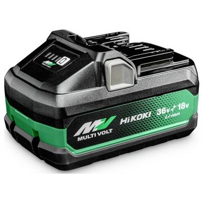 Une batterie Hikoki Multi Volt noire et verte, portant clairement l'étiquette « 36V + 18V Li-Ion », conçue pour être utilisée dans les outils électroportatifs.