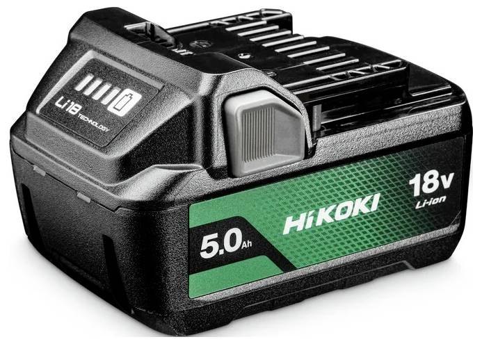 Une batterie rechargeable Li-ion 18V noir et vert de Hikoki, étiquetée « 5,0 Ah ».