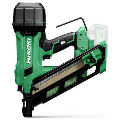 Un cloueur sans fil vert et noir avec le logo 'HiKOKI', un chargeur incliné et une batterie visible.