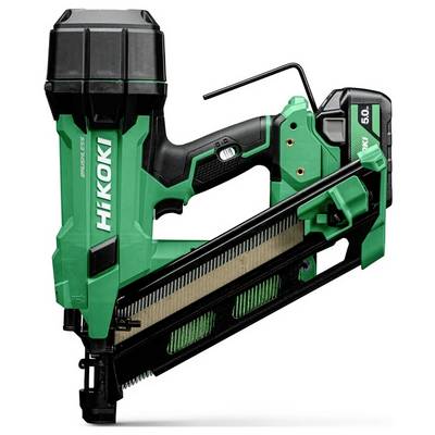 Cloueur vert et noir de marque 'HiKOKI' avec un design fonctionnant sur batterie et un chargeur d'angle pour maintenir les clous.
