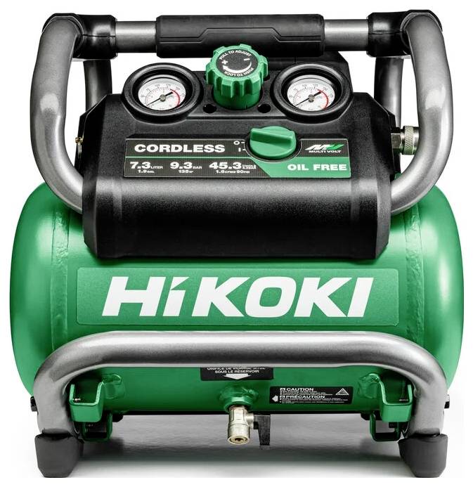 Compresseur d'air portable, sans fil, de couleur verte, avec doubles manomètres et marquage 'HiKOKI', conçu pour un fonctionnement sans huile.