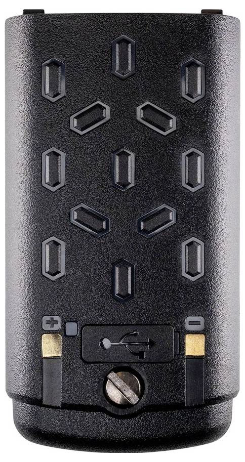 Un pack batterie noir texturé avec un port de chargement USB et deux contacts métalliques, l'un marqué d'un signe plus, l'autre d'un signe moins.