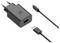 Un chargeur mural noir avec port USB, accompagné d'un câble USB-C et d'une prise USB-A, doté d'un logo sur le chargeur.