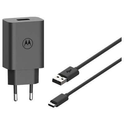 Un chargeur USB Motorola noir avec un adaptateur et un câble USB-C, conçu pour charger des appareils électroniques.