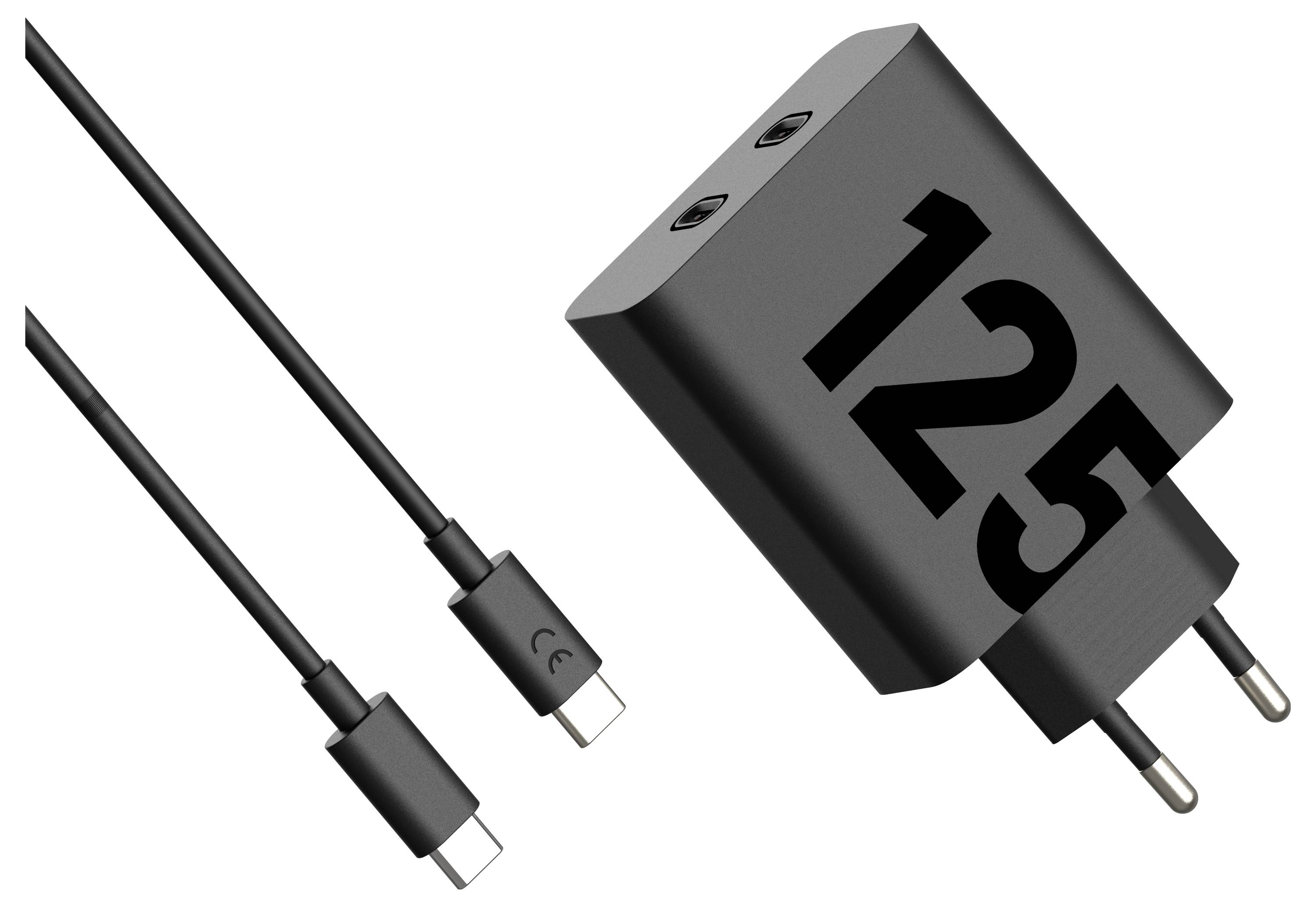Un adaptateur d'alimentation noir avec '125' imprimé dessus, accompagné de deux câbles USB-C, suggérant des capacités de charge rapide.