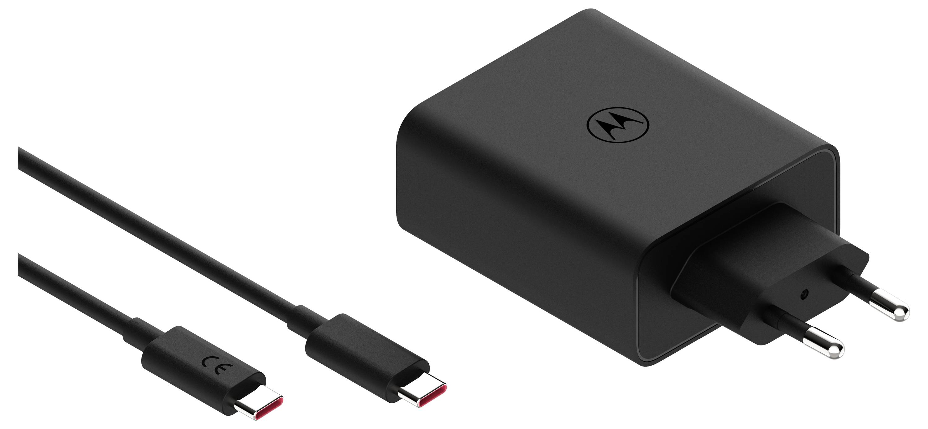 Un chargeur mural noir USB-C avec un câble USB-C correspondant, présentant sa fiche et son type de connecteur.