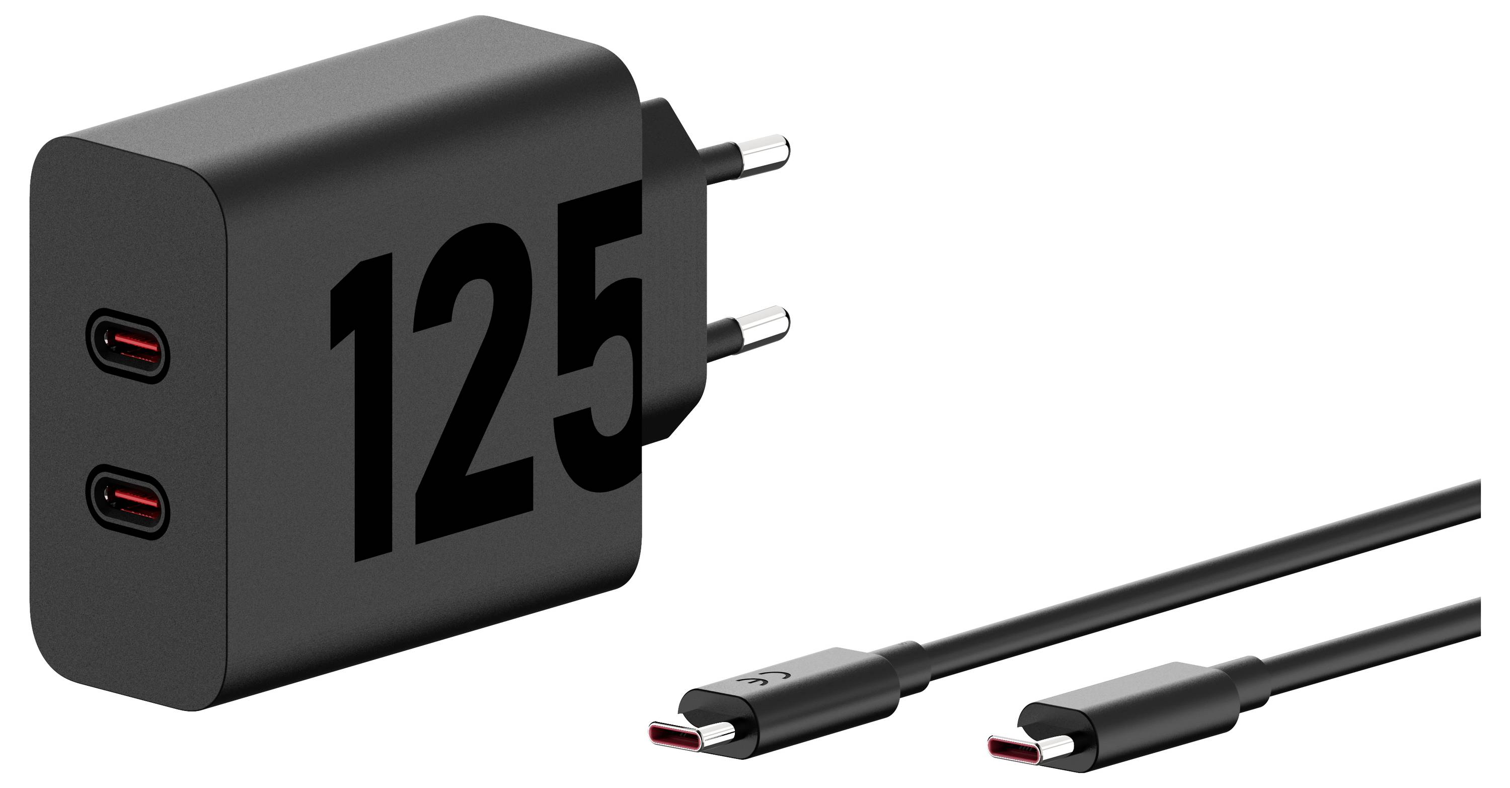 Un chargeur mural noir à deux ports avec '125' imprimé dessus, livré avec deux câbles USB-C.