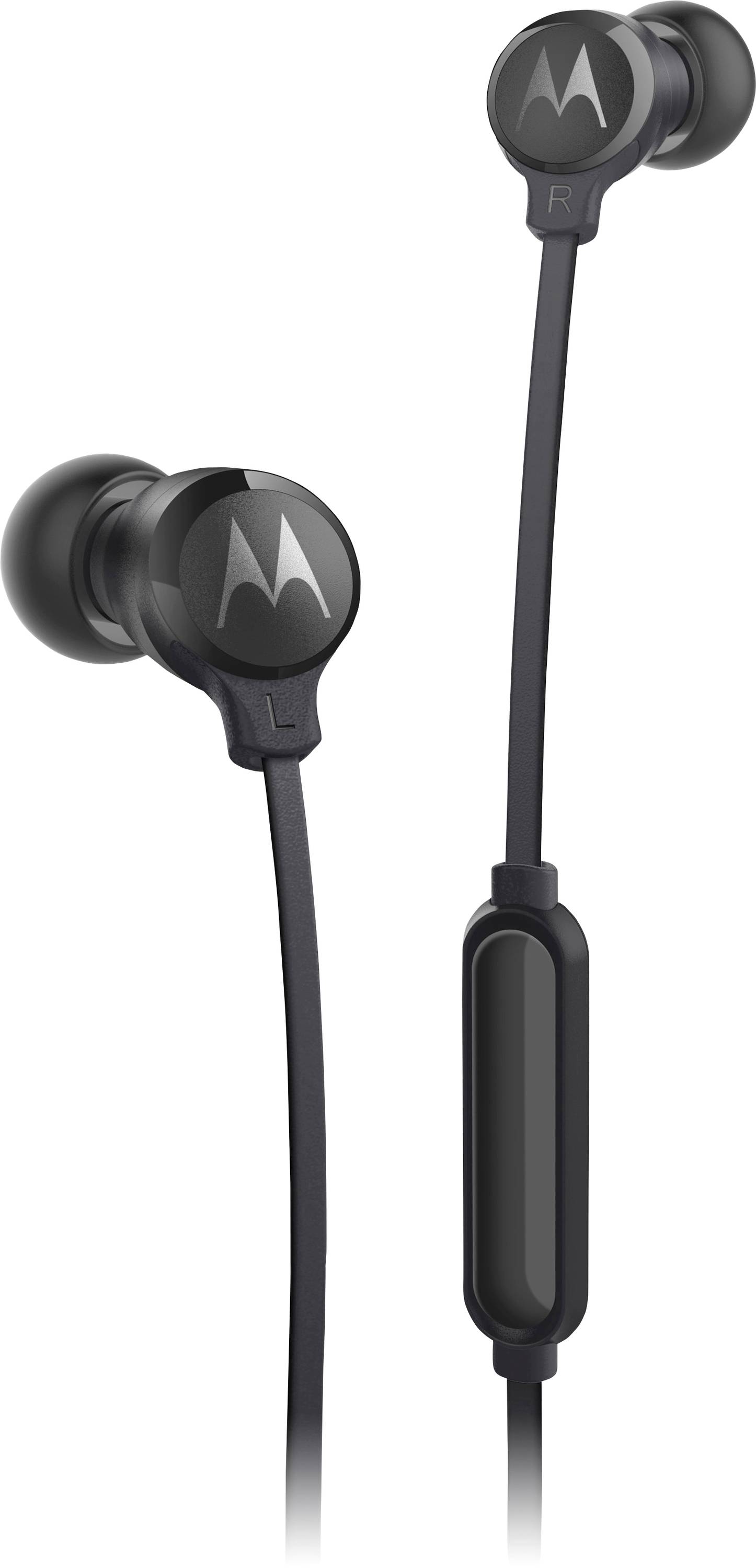 Écouteurs filaires noirs avec le logo Motorola, munis d'un panneau de contrôle intégré.