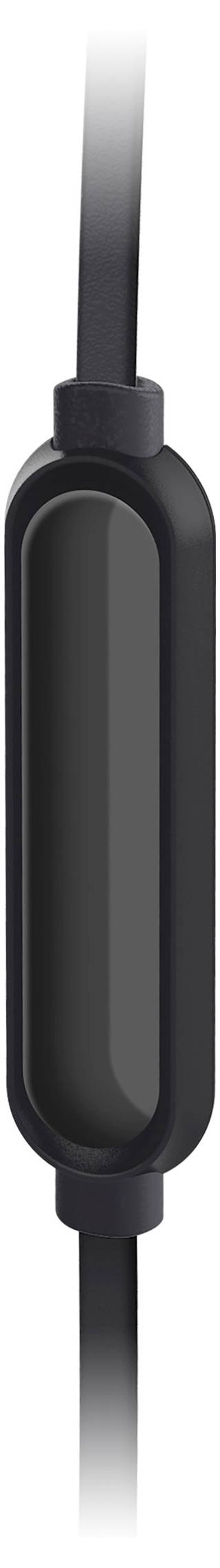 Gros plan sur une télécommande filaire noire avec un design minimaliste et épuré, présentant une zone centrale de boutons, probablement destinée à des appareils audio.