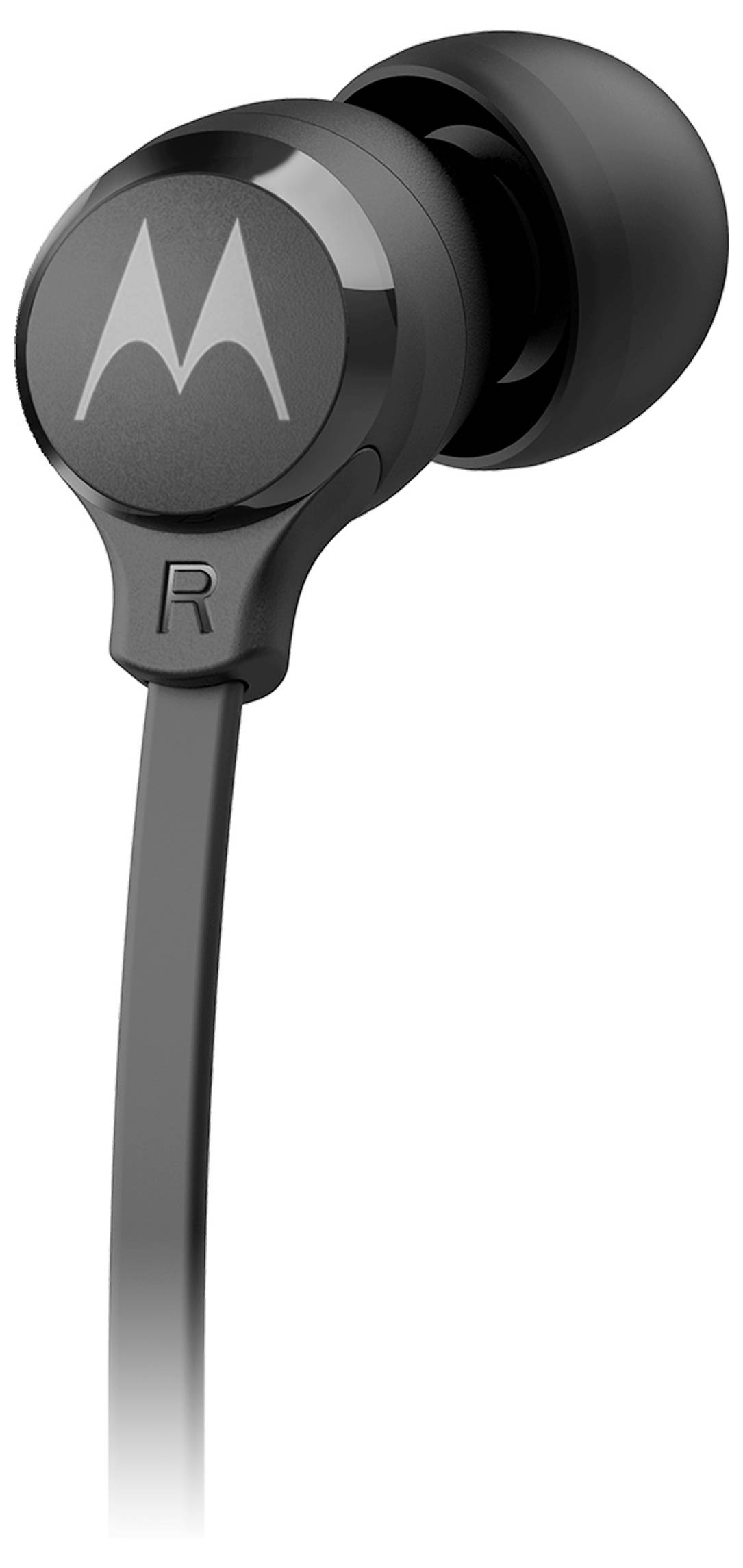 Écouteur Motorola noir avec câble plat et marquage 'R' pour l'oreille droite.
