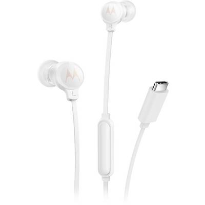 Écouteurs intra-auriculaires blancs filaires avec marquages 'L' et 'R', dotés d'une télécommande intégrée et d'un connecteur USB-C.