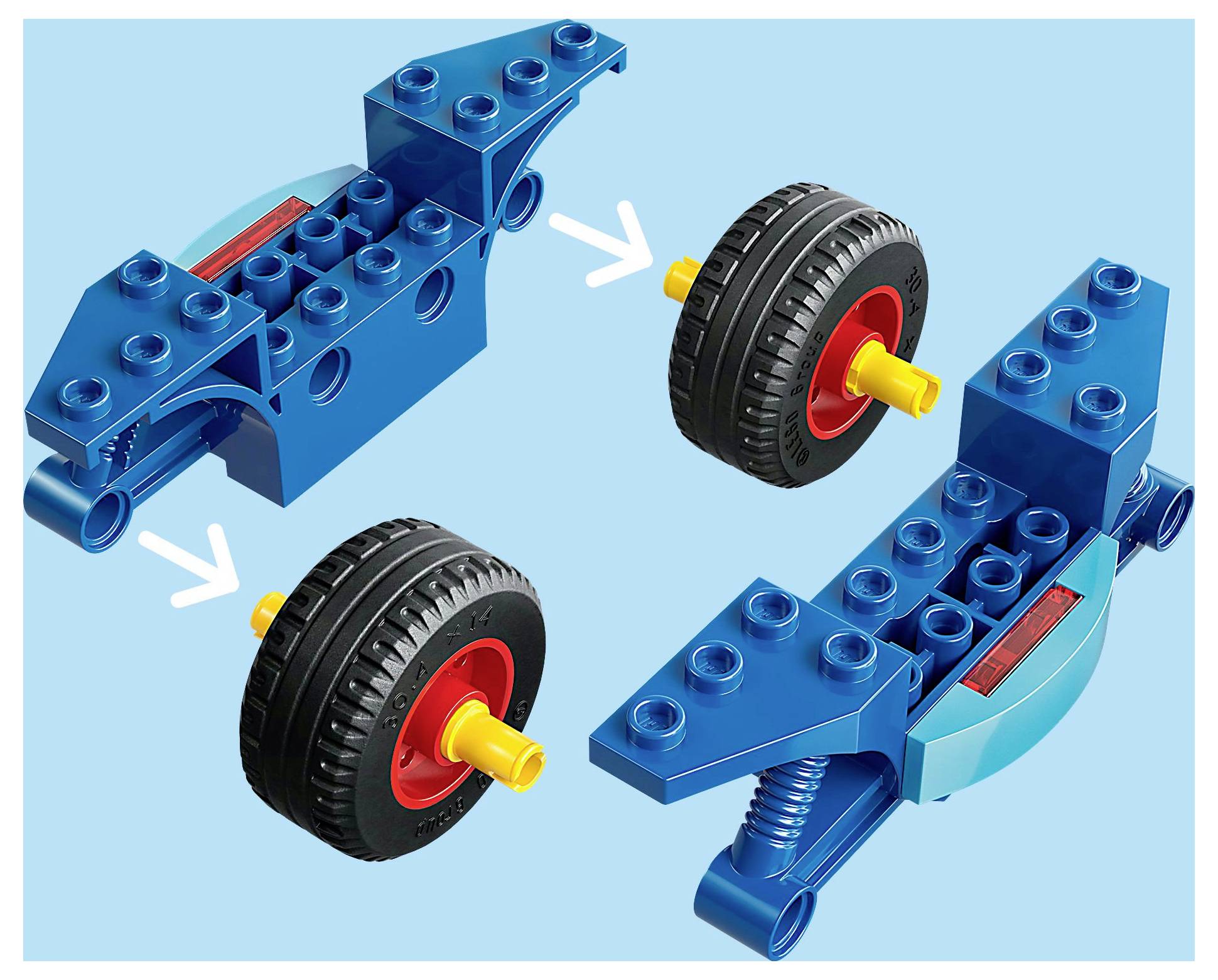 Étapes de construction d'un jouet montrant la fixation de roues à un véhicule Lego bleu sur un fond bleu clair. Des flèches indiquent la direction de l'assemblage.