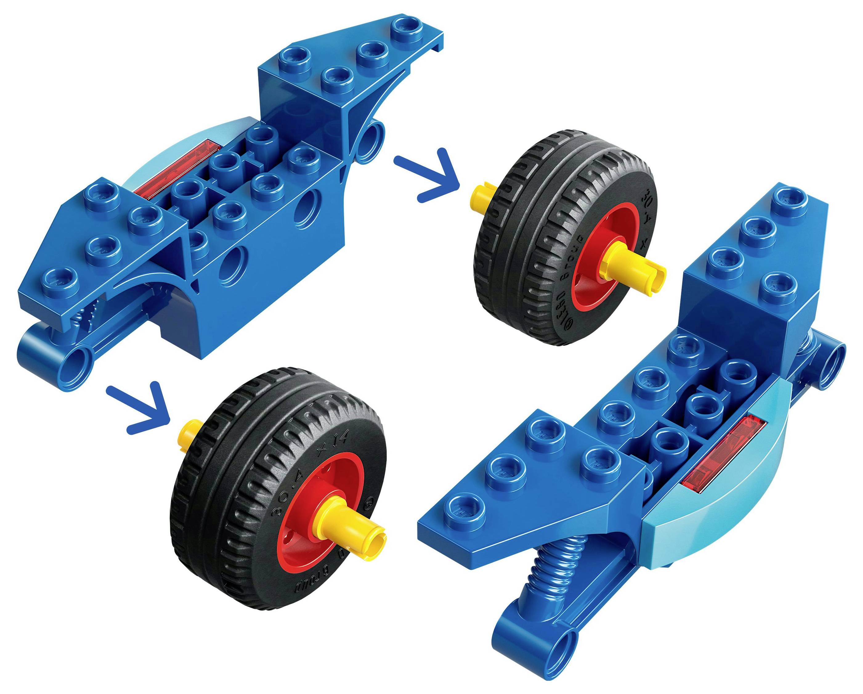 « Assemblage de pièces LEGO Technic » montrant des parties bleues de LEGO et des roues, illustrant comment les connecter avec des flèches indiquant les étapes.