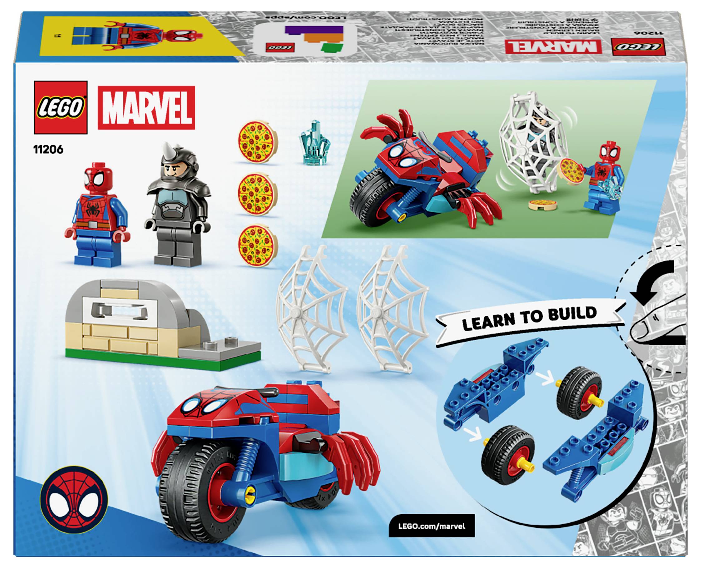 Ensemble LEGO Marvel comprenant une mini-figurine de Spider-Man, des tranches de pizza, des toiles d'araignée, et étapes de montage d'un vélo avec instructions de type 'Apprendre à construire'.