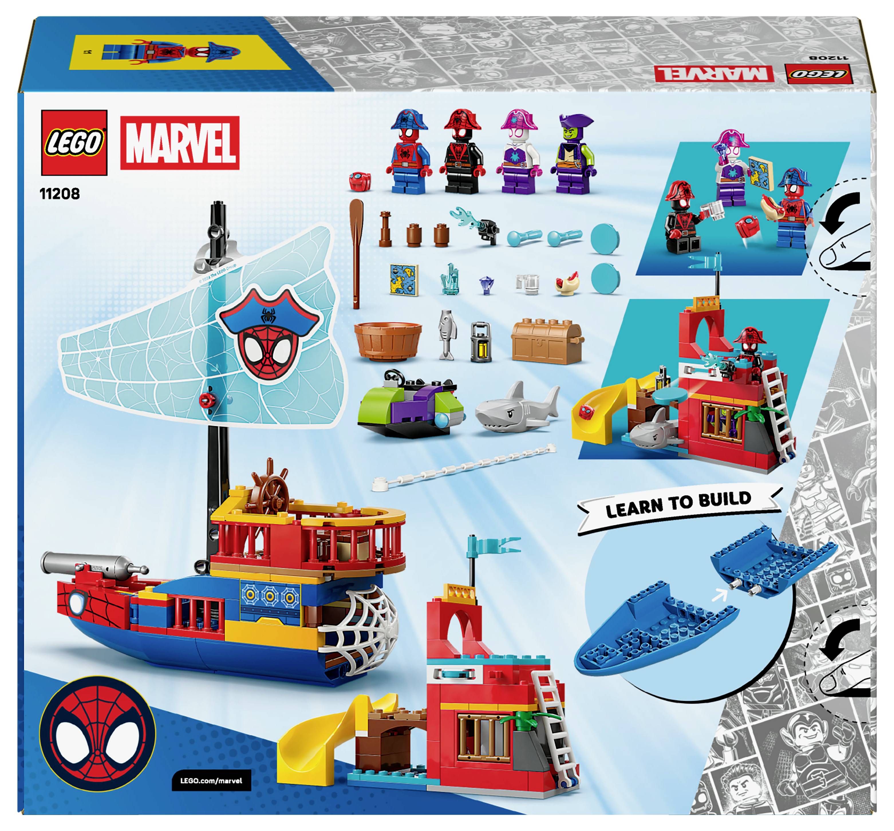 Ensemble de construction LEGO Marvel montrant un bateau de pirates coloré sur le thème de Spider-Man, avec des personnages et des instructions de montage pour les enfants de 4 ans et plus.