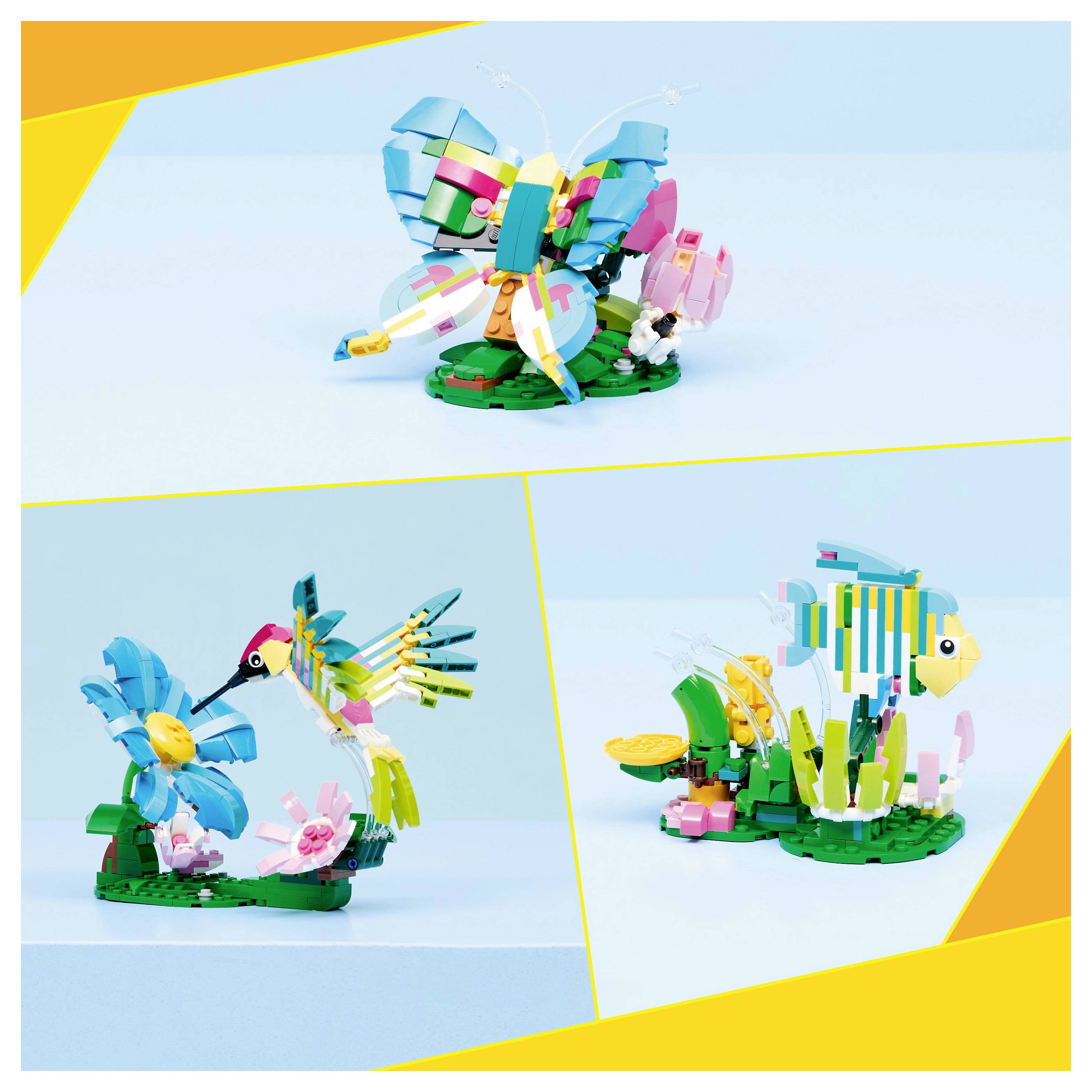 Trois modèles LEGO colorés comprennent un papillon, un colibri près de fleurs, et deux poissons avec du corail, sur un fond bleu.