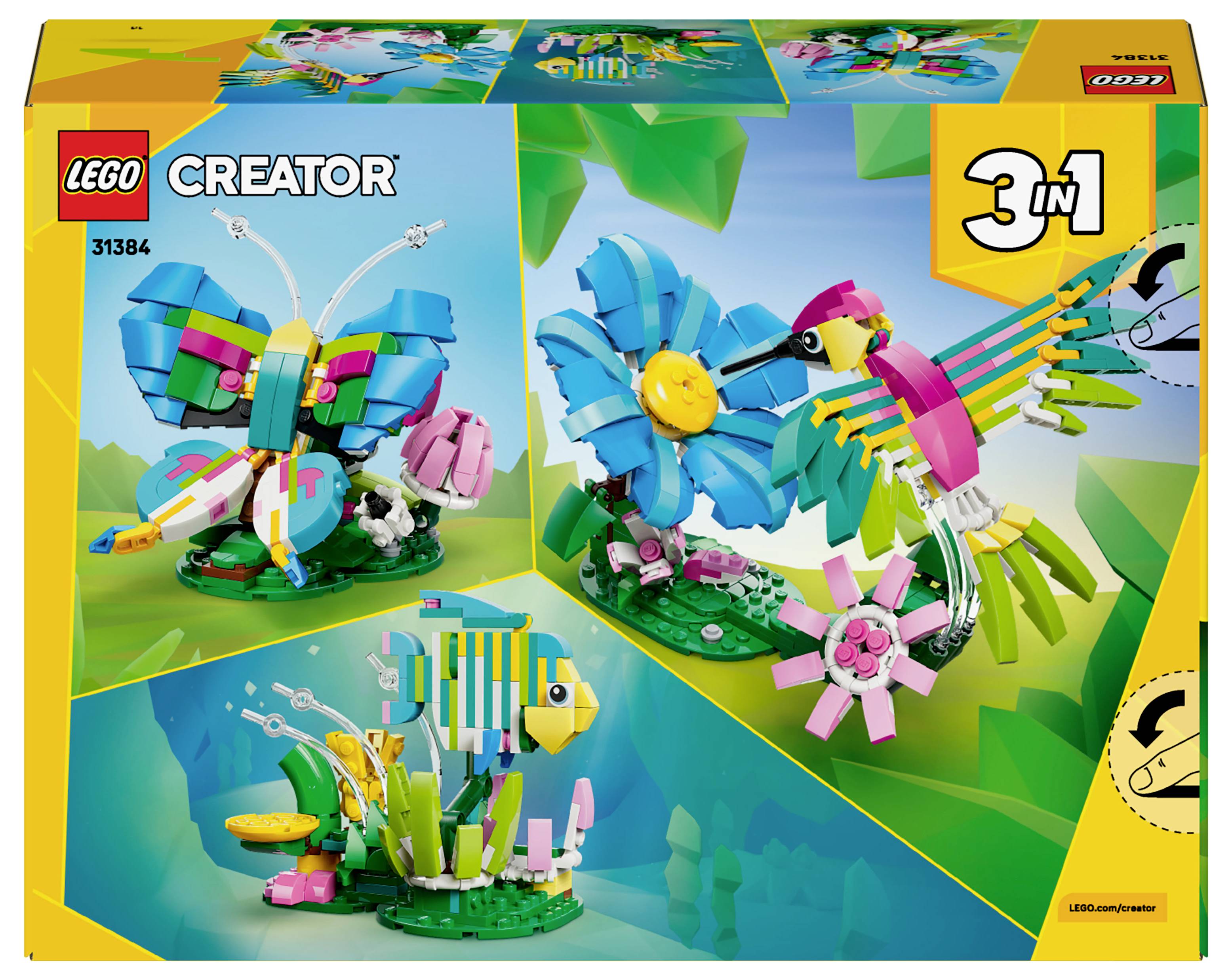 Ensemble LEGO Creator 3 en 1 avec des modèles de papillon, d'oiseau et de poisson sur un fond coloré. Numéro de set 31184.
