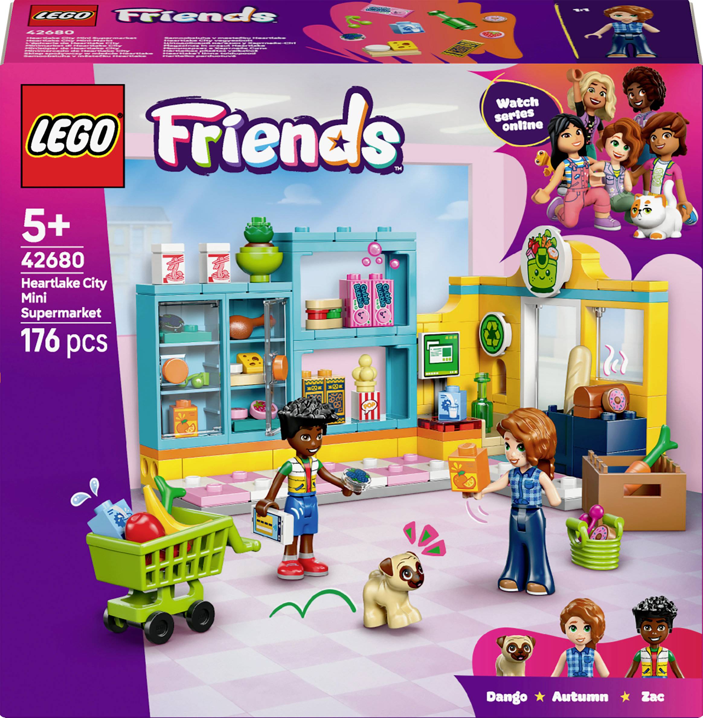 Ensemble LEGO Friends représentant un mini-supermarché de Heartlake City avec des personnages faisant leurs courses. Comprend des étagères, une caisse, et un chariot.
