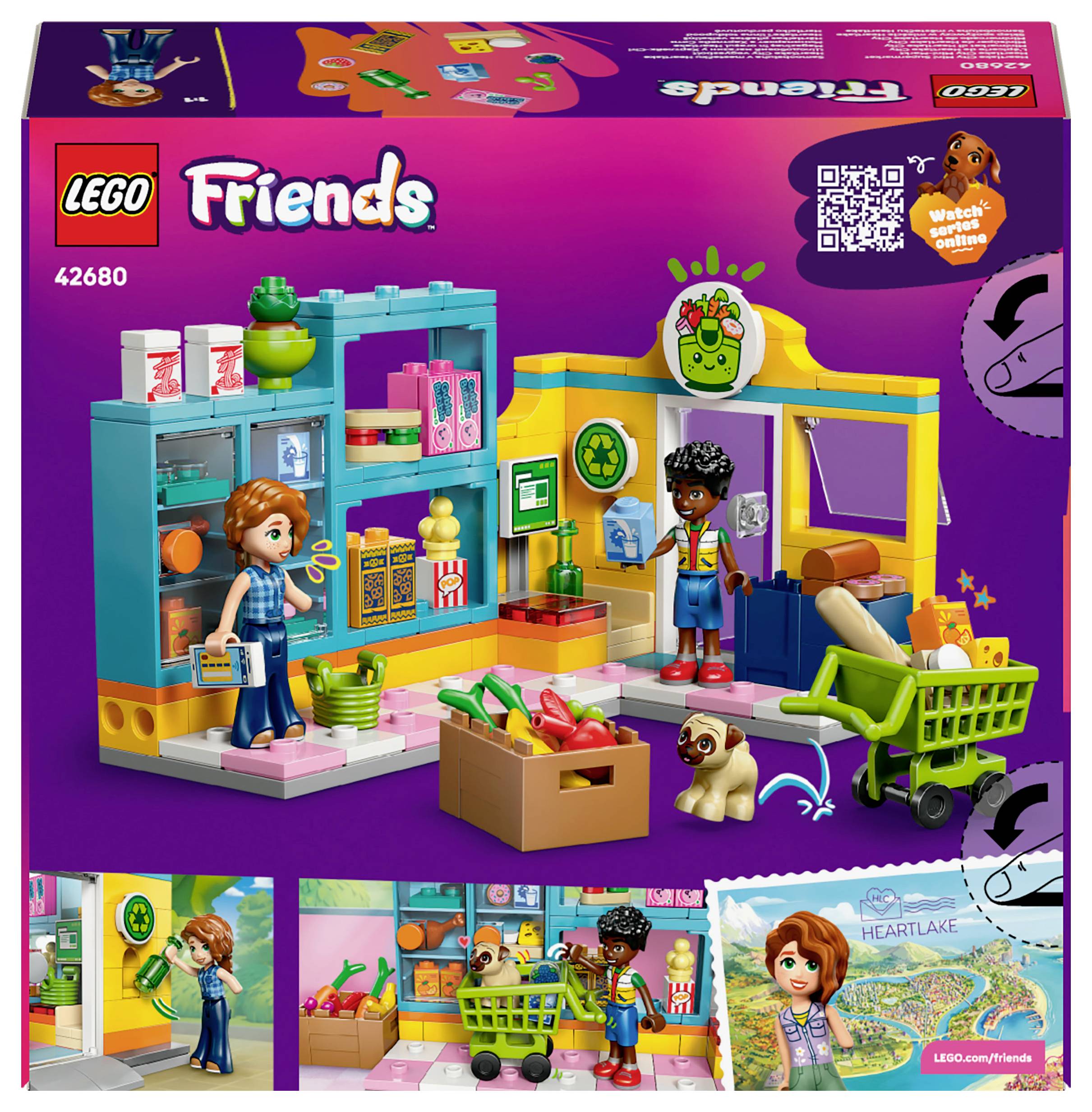 Ensemble Lego Friends de supermarché avec deux figurines, un comptoir de caisse, un étalage de fruits, un chariot de courses, et un chien.