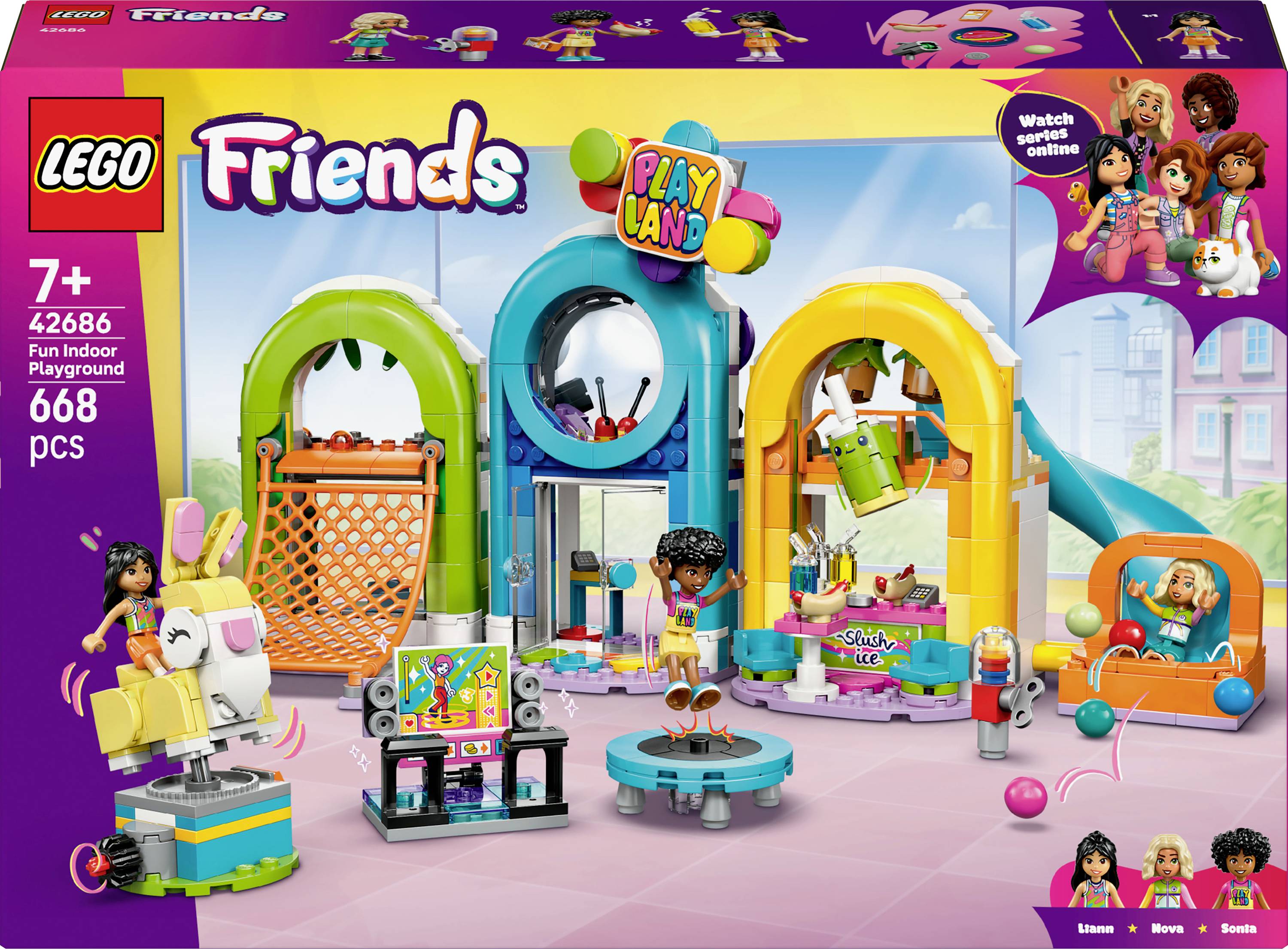 Ensemble LEGO Friends Aire de Jeux Intérieure Amusante pour enfants de 7 ans et plus, contenant 668 pièces. Comprend des zones de jeu colorées, des personnages et des éléments interactifs.