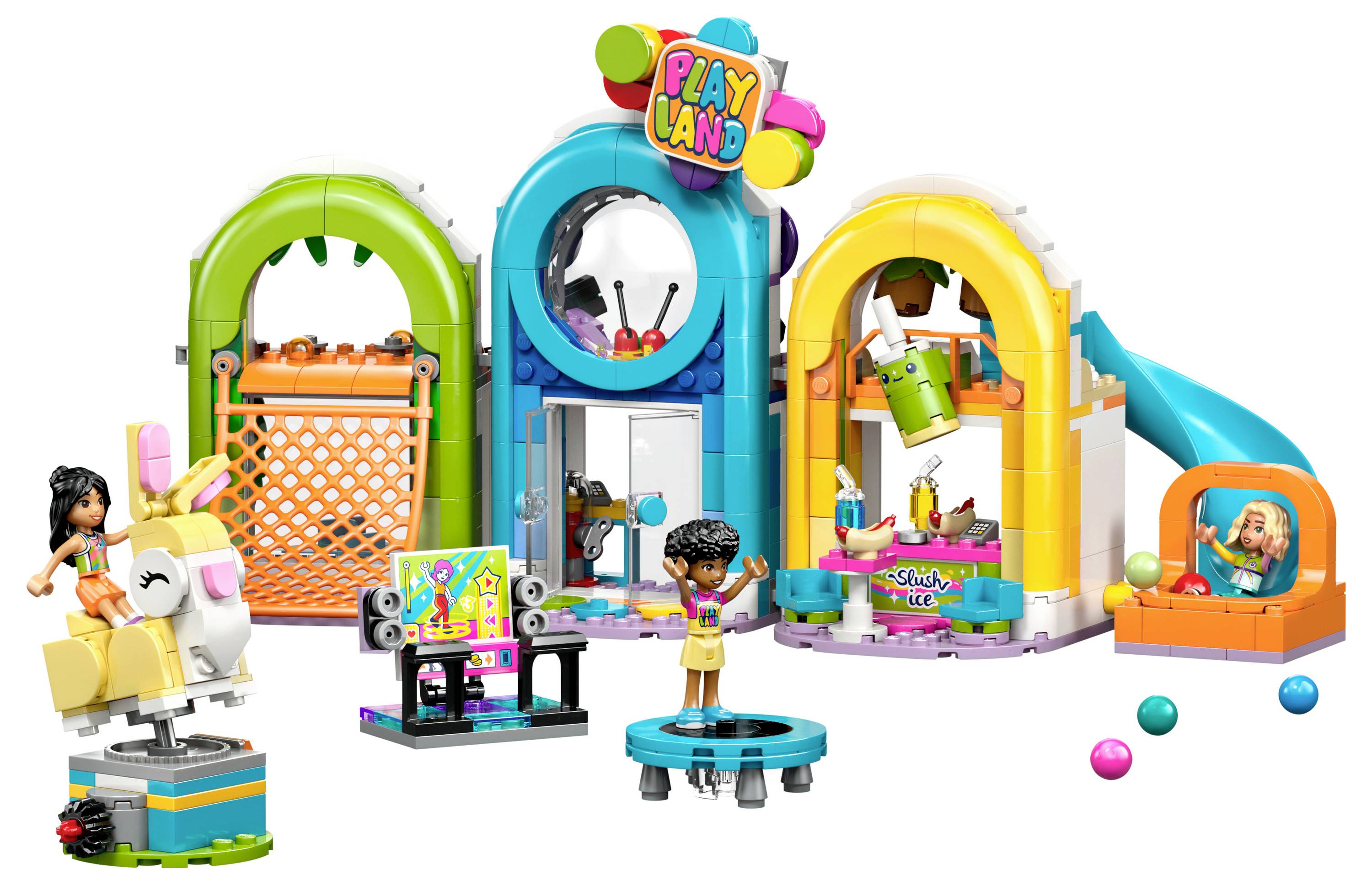 Ensemble LEGO 'Aire de Jeux' avec une arcade colorée, un toboggan, un espace de balles, et des figurines profitant de jeux et d'activités dans un environnement dynamique.