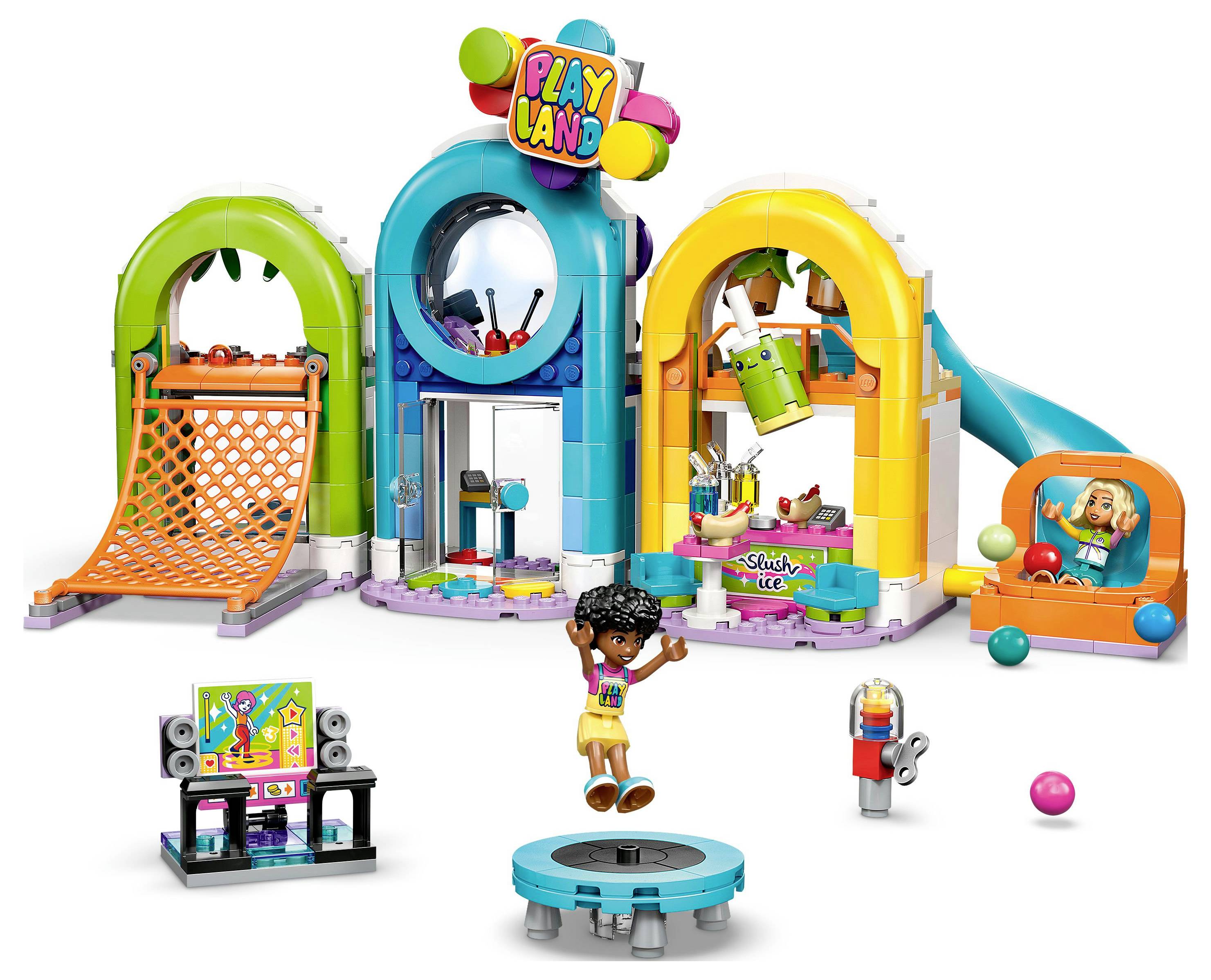 Ensemble de jouets coloré représentant un parc d'attractions avec des toboggans, des filets, un trampoline et de petites figurines. L'accent est mis sur le jeu actif.