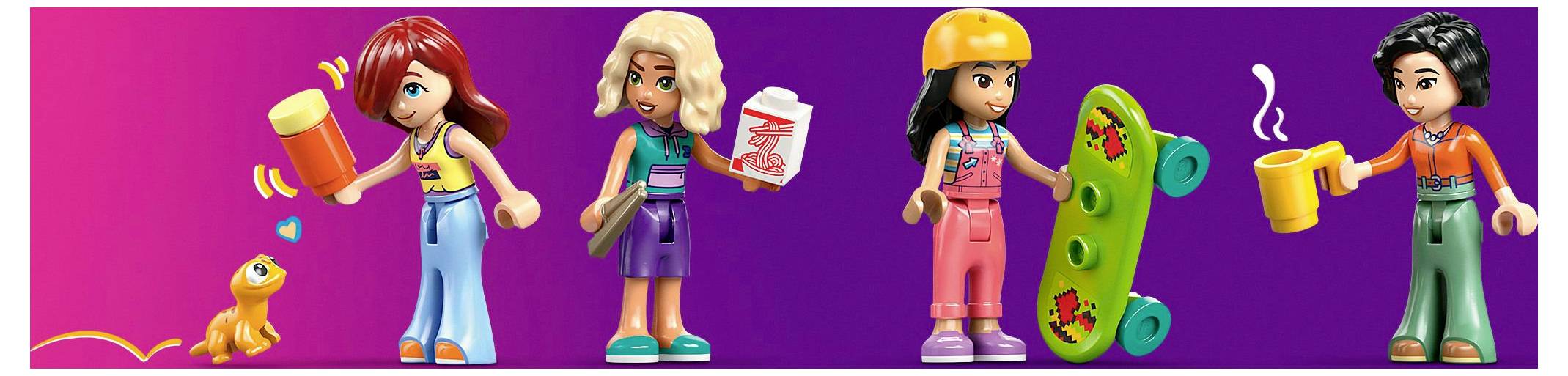 Quatre figurines de jouets colorées représentées, l'une avec un marteau orange nourrissant un animal, une autre tenant une boisson, suivie d'un skateur, et une figure offrant une tasse.