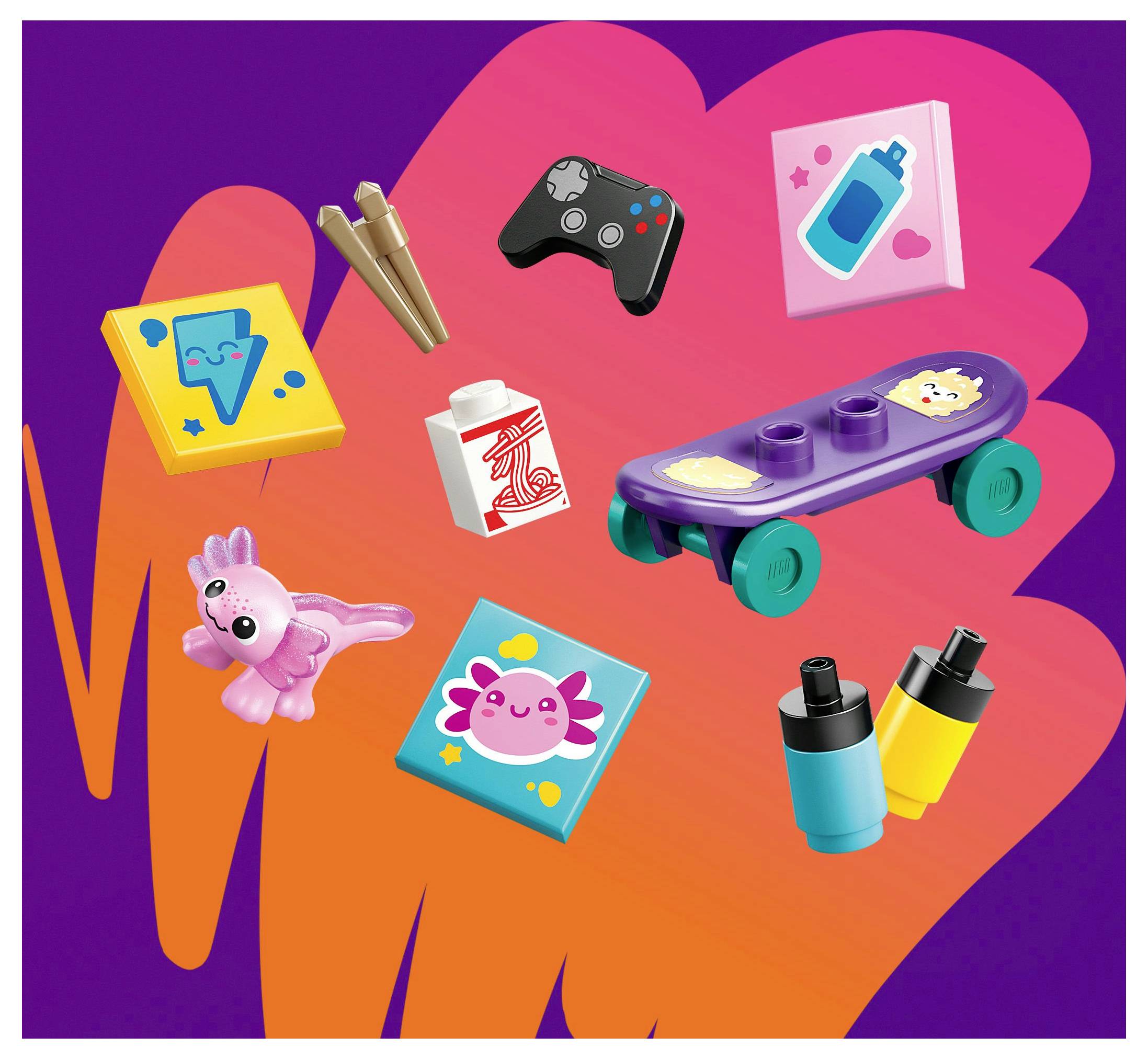 Un ensemble coloré d'objets jouets sur un fond rose et violet, comprenant une planche de skateboard, une manette de jeu et un animal en peluche.