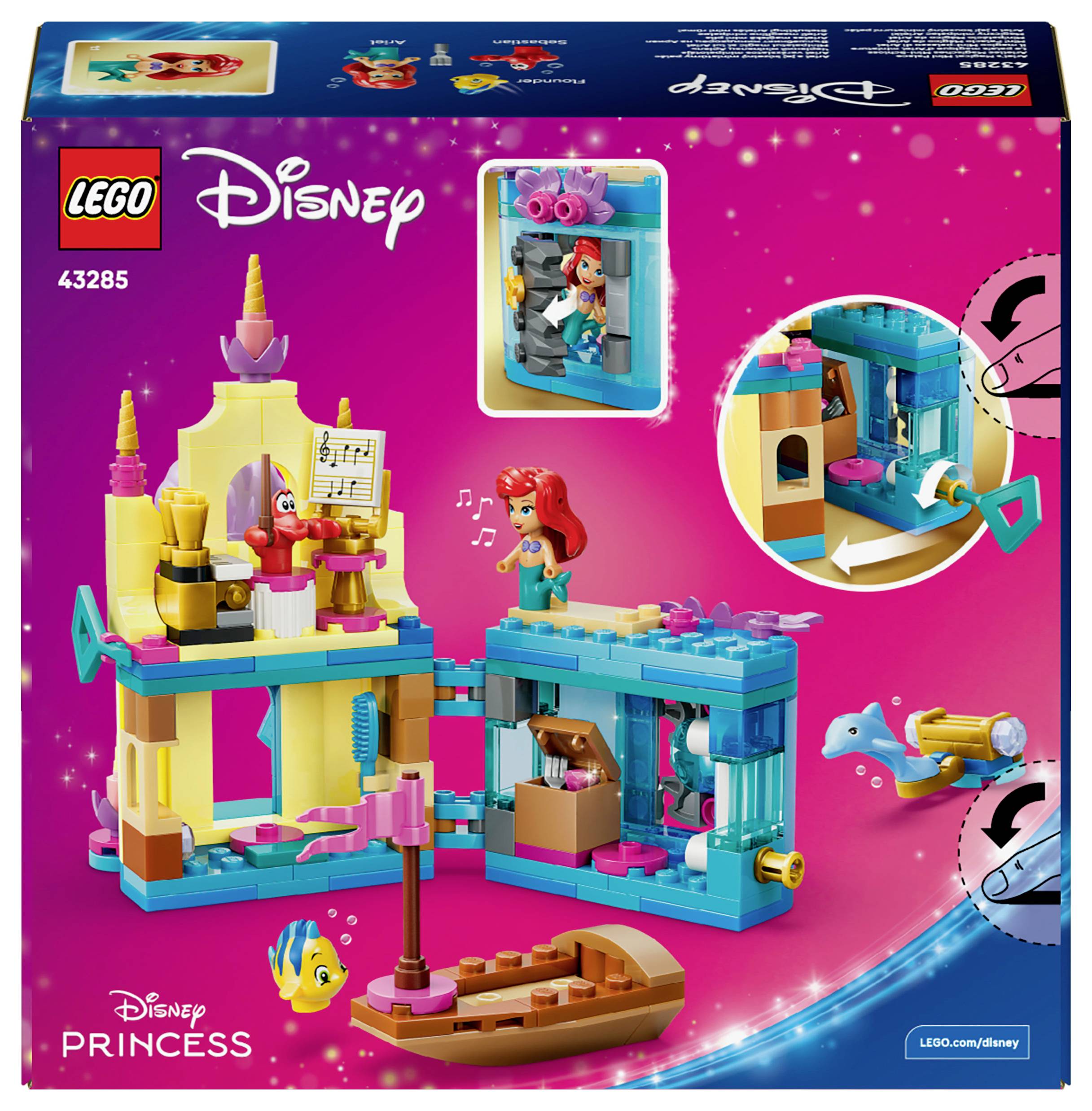 Ensemble LEGO Disney Princess présentant le château et le bateau d'Ariel. Comprend des figurines d'Ariel, de Polochon et de Sébastien avec des accessoires ludiques.