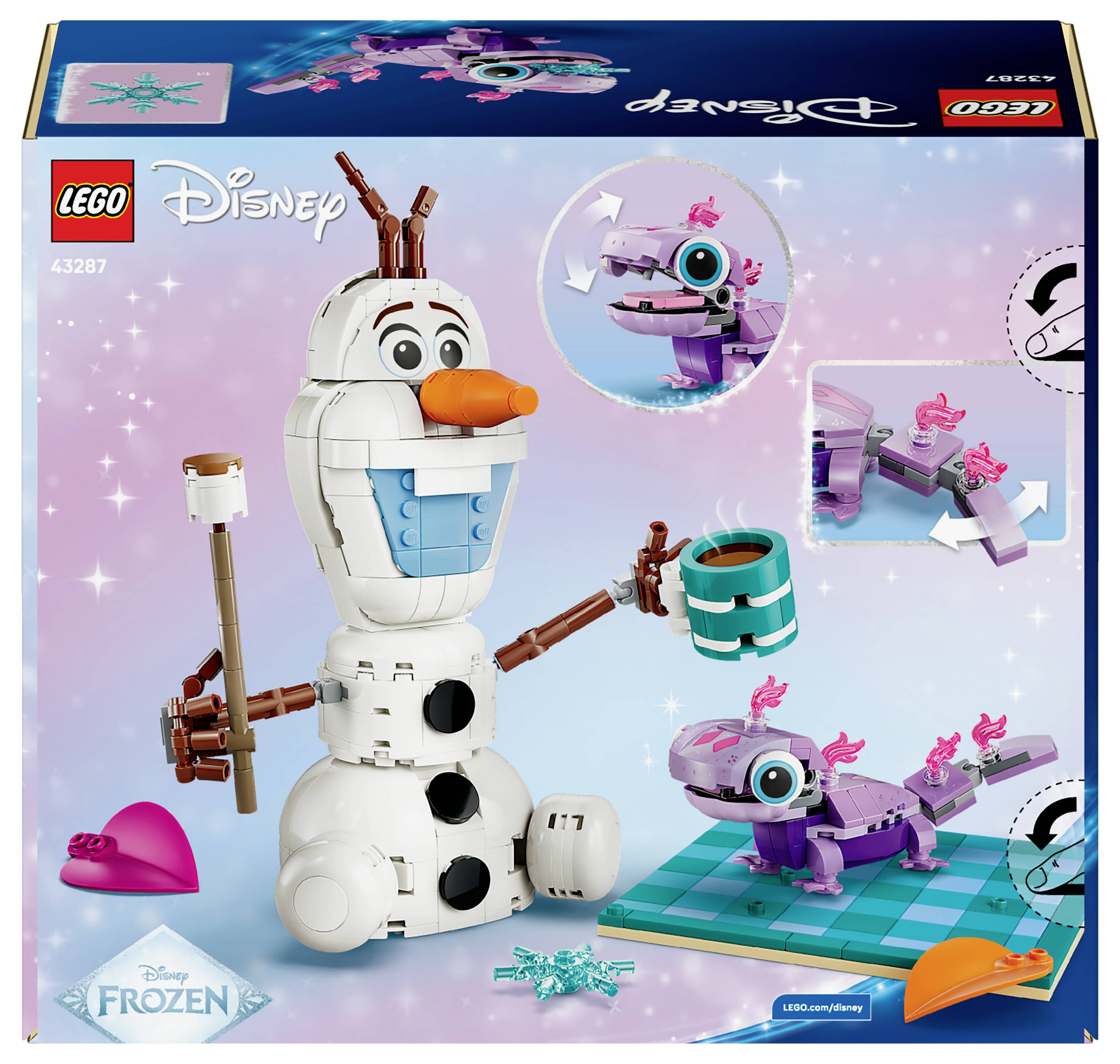 Ensemble 'Lego Disney La Reine des Neiges' avec figurines d'Olaf et d'une salamandre à construire. Comprend des outils et des accessoires. Convient aux enfants de 6 ans et plus.