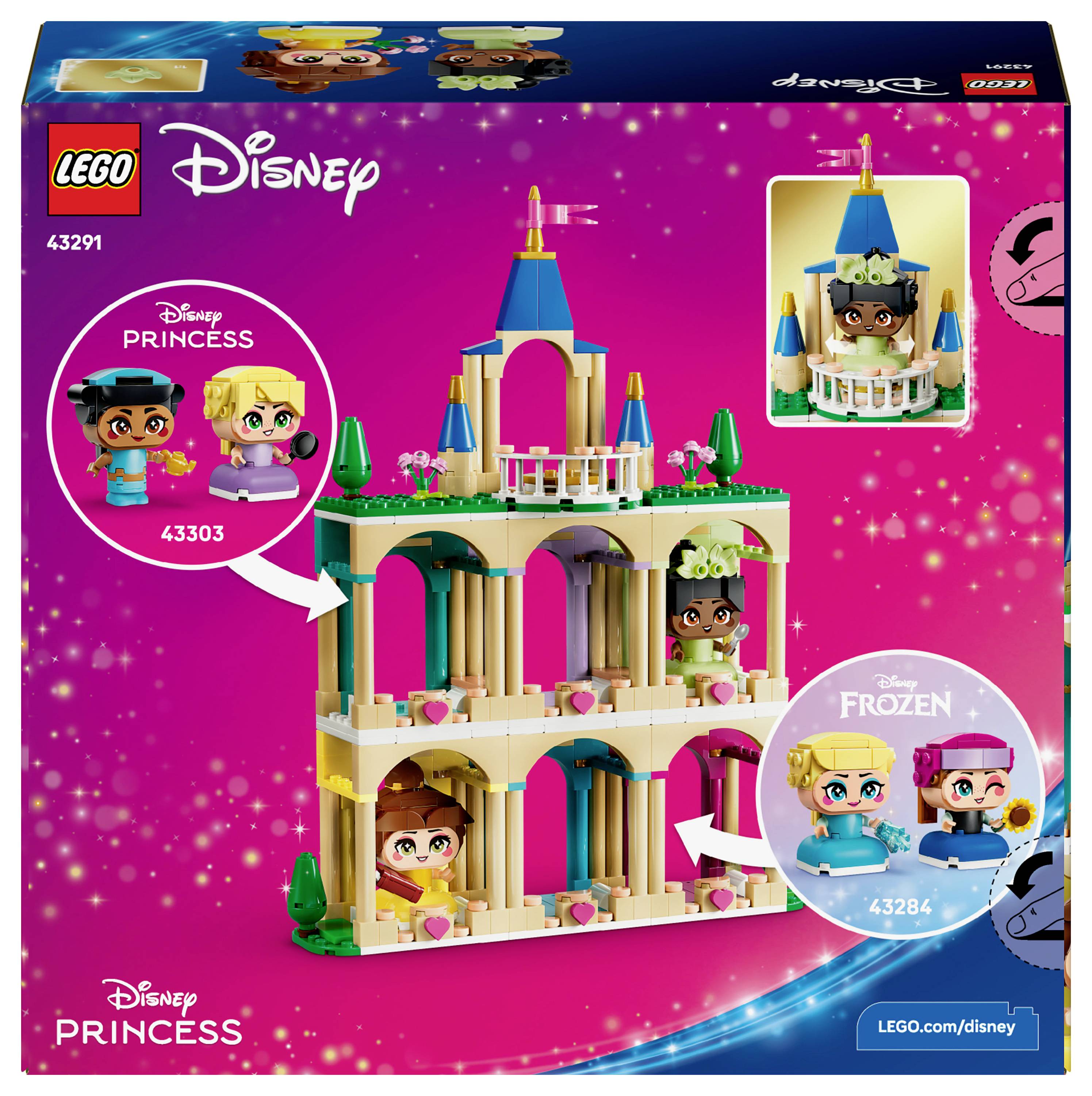 Ensemble LEGO Disney avec une scène de château, comprenant des mini-figurines de princesses et de personnages issus des films Disney 'La Reine des Neiges' et 'Princesse'.