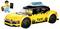Un taxi jouet jaune avec le texte 'TAXI' et la silhouette d'une ville sur le côté. Il comprend une figurine LEGO tenant une mallette et un objet noir.