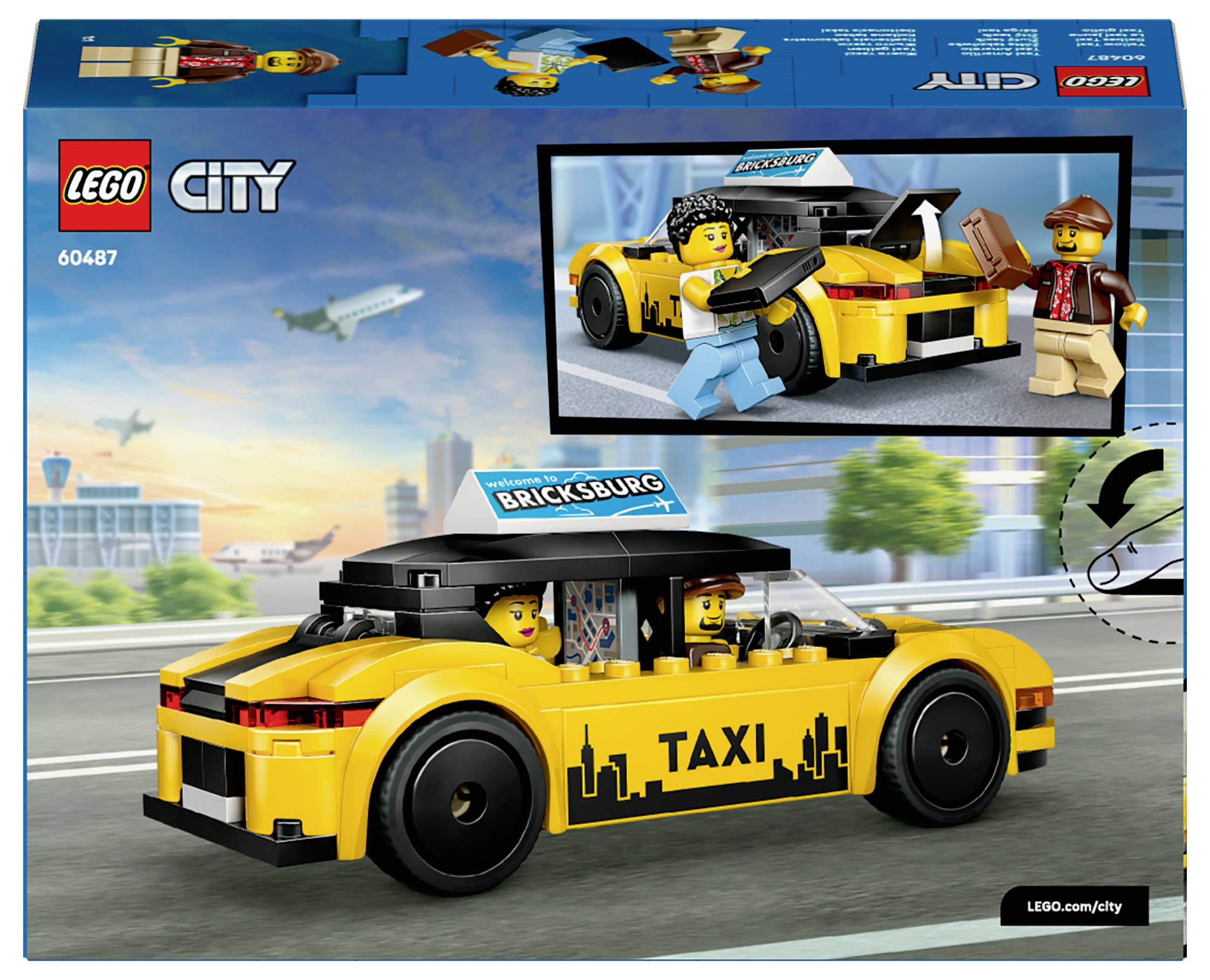 Un ensemble Lego City présentant un taxi jaune avec des passagers et un conducteur, situé dans un décor urbain. Une image secondaire montre des personnages chargeant des bagages dans le coffre du taxi.