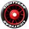 Logo 'Alightyear' sur un pneu noir avec jante rouge et lettrage blanc.