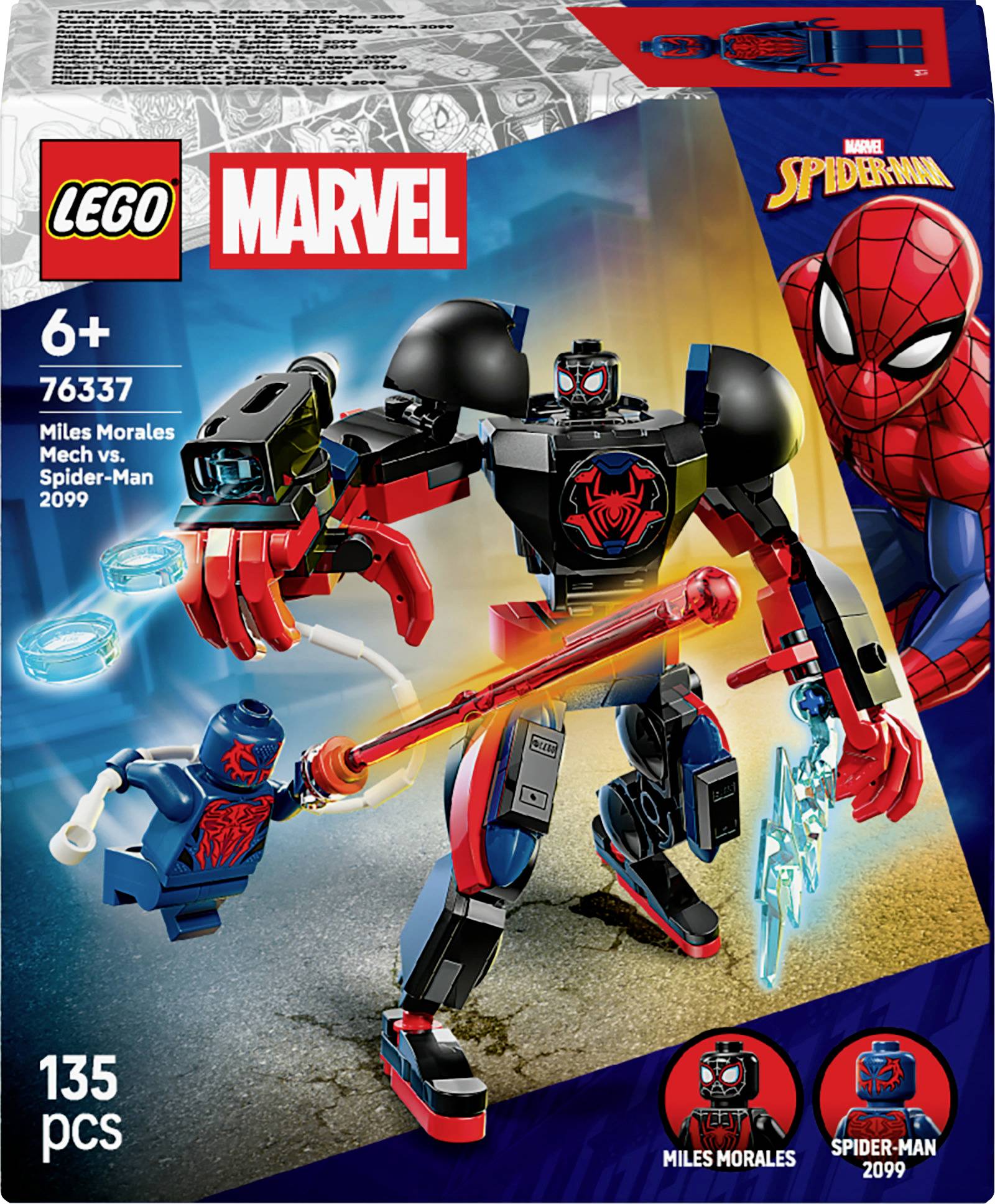 Ensemble Lego Marvel pour les 6 ans et plus, comprenant des mechs de Miles Morales et Spider-Man 2099 avec accessoires, 135 pièces.