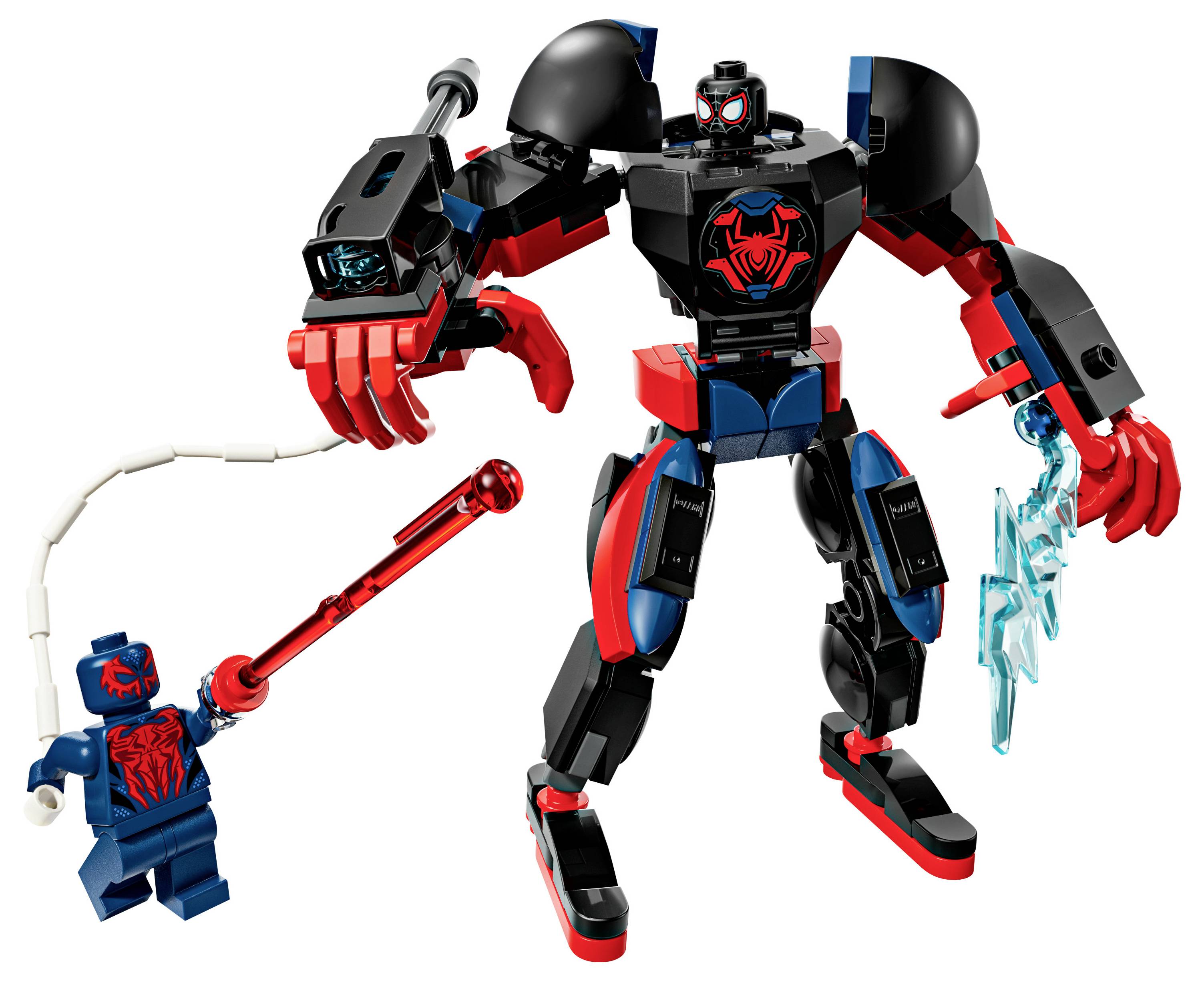 Une figurine Lego à thème araignée avec un grand robot noir et rouge, arborant un emblème d'araignée, accompagnée d'une petite mini-figurine bleue et rouge.