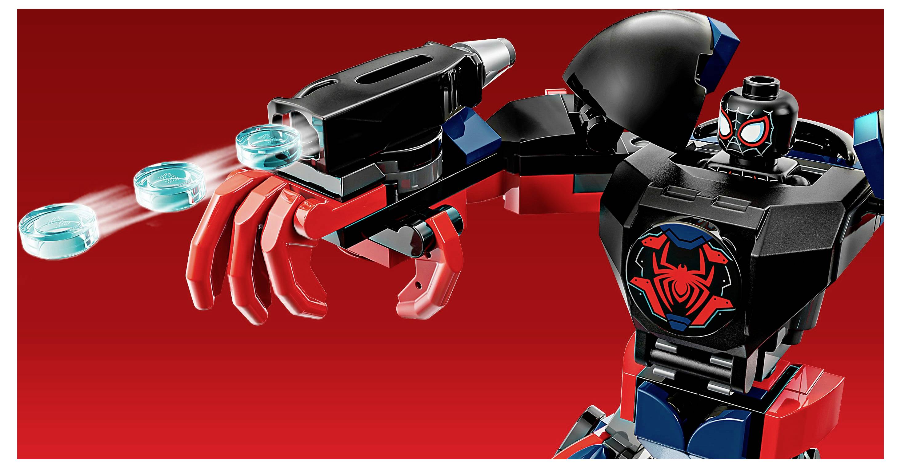 Robot Lego avec un schéma de couleurs rouge et noir, arborant un emblème d'araignée sur sa poitrine. Tire des disques bleus depuis son bras, sur un fond rouge.