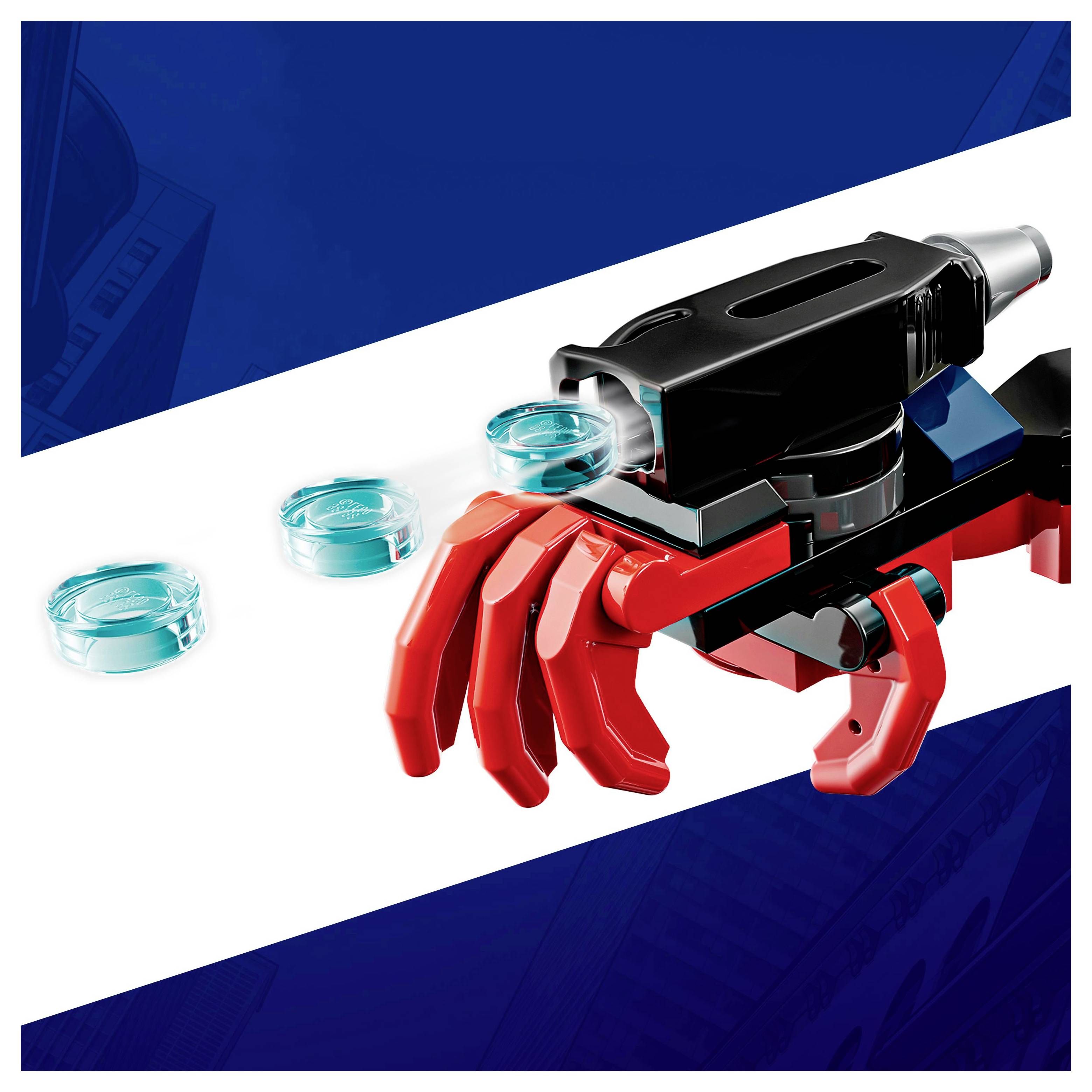 « Une création LEGO diversifiée comprenant des engrenages noirs et des composants mécaniques rouges, des éléments en forme de disque se projetant vers l'avant sur un fond blanc et bleu. »