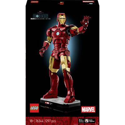'Ensemble Lego Marvel Iron Man Mark 3 avec 1297 pièces, recommandé pour les 18 ans et plus. Présente une armure Iron Man détaillée sur un socle de présentation.'