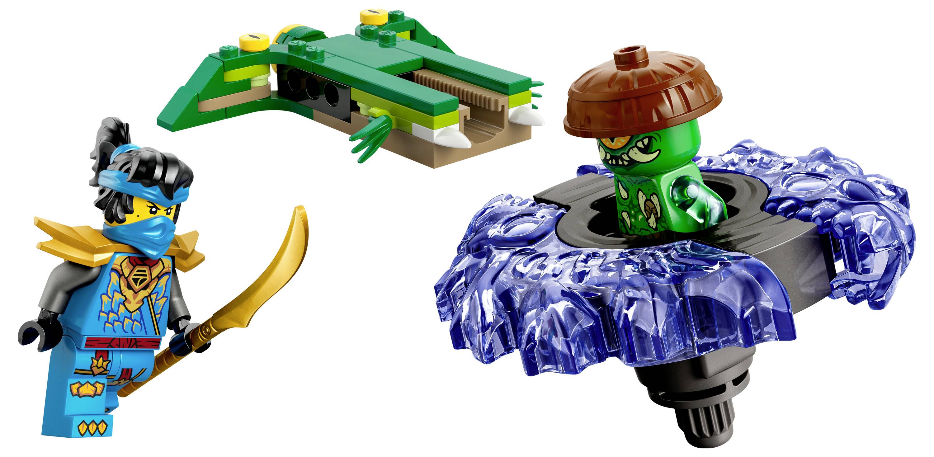 Une figurine de ninja avec une épée, un toupie tournant avec un personnage à l'intérieur, et un crocodile en jouet représentant une scène de bataille ludique.