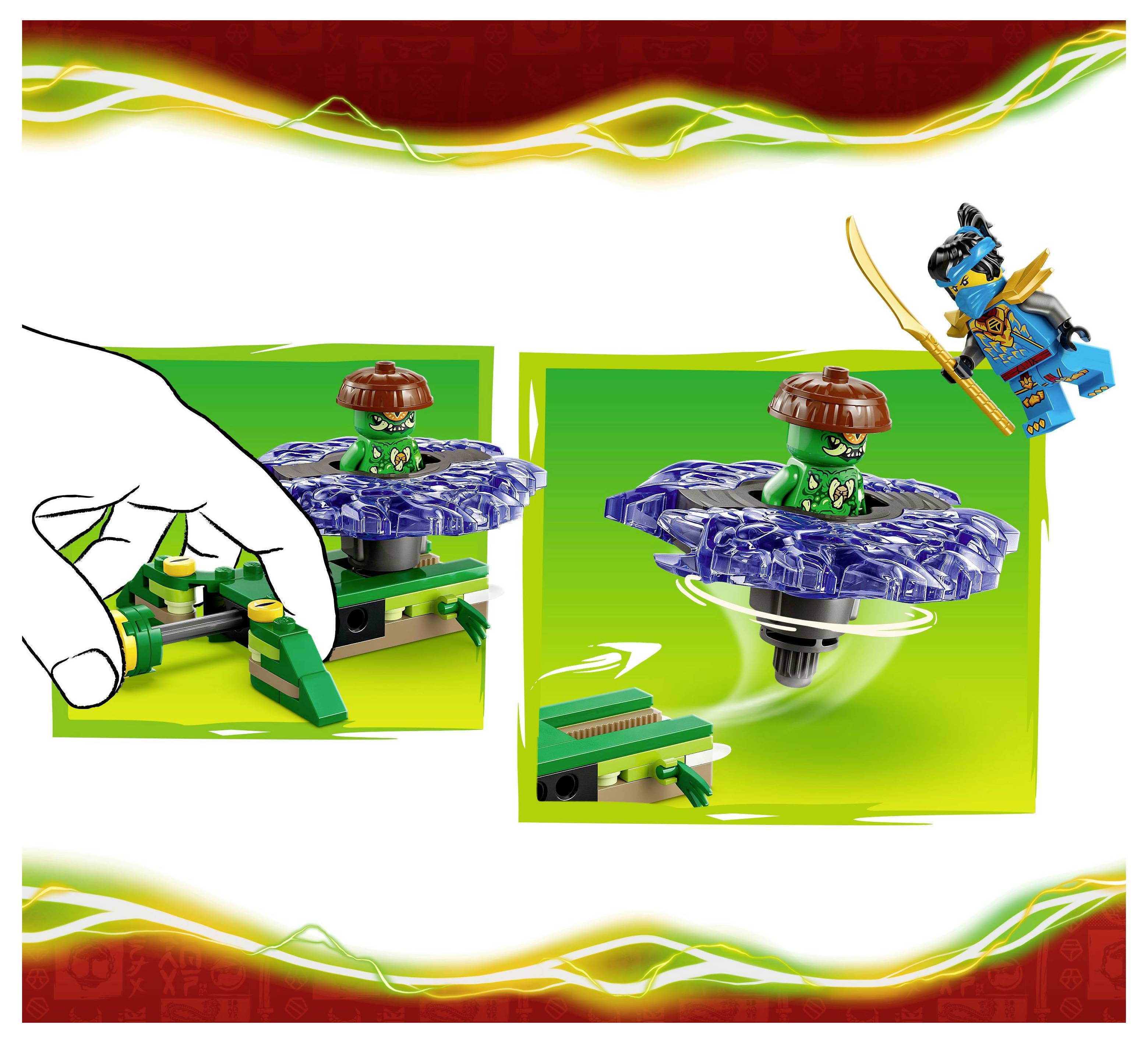 Un ensemble de jouets coloré comprenant un toupie tournante avec une petite figurine à l'intérieur. Une image séparée montre une main en train d'assembler le jouet.