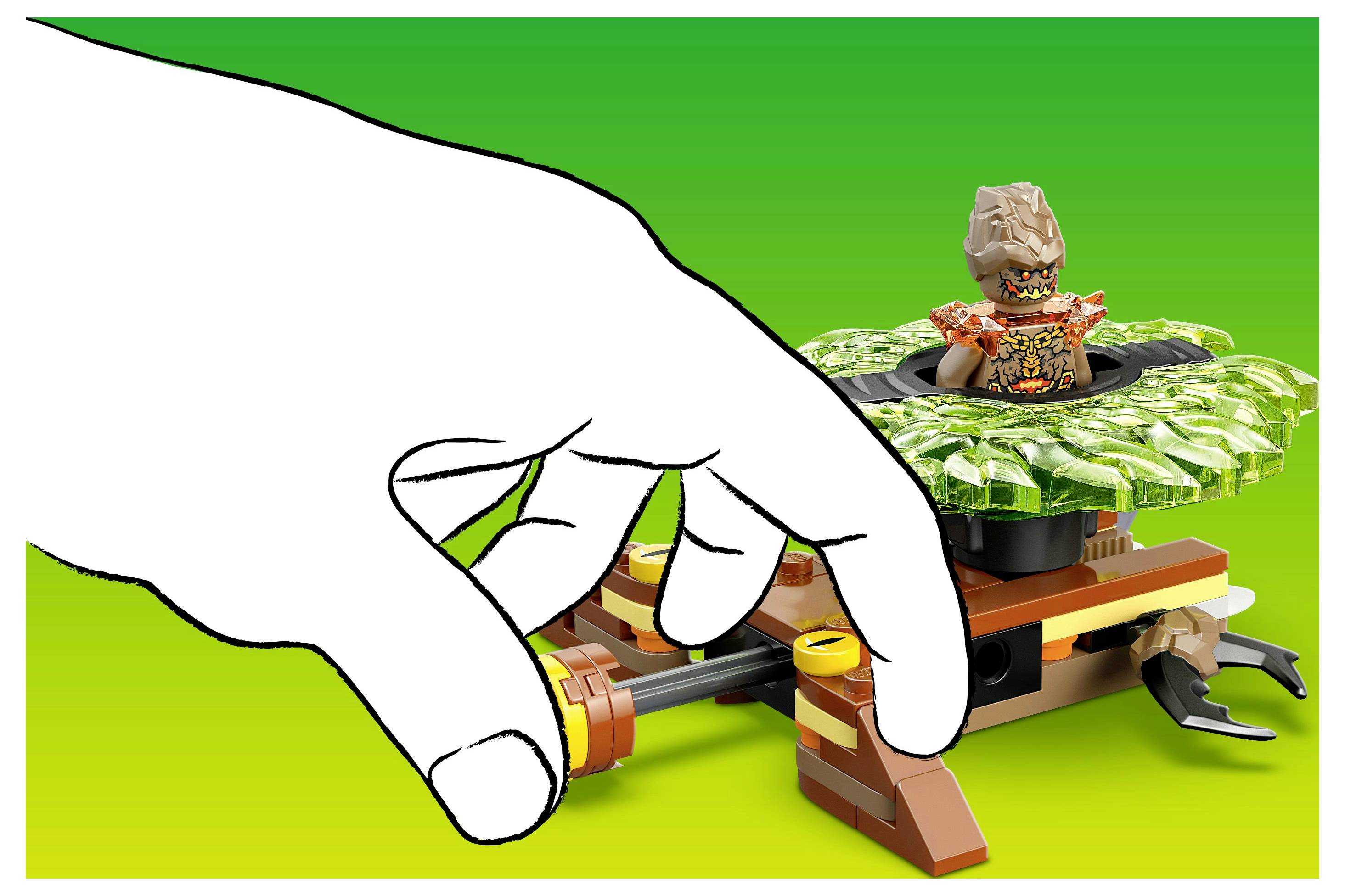 Une main active un mécanisme d'un ensemble de jeu LEGO Jurassic World avec un T. rex tournoyant et s'éloigne, sur un fond dégradé vert.