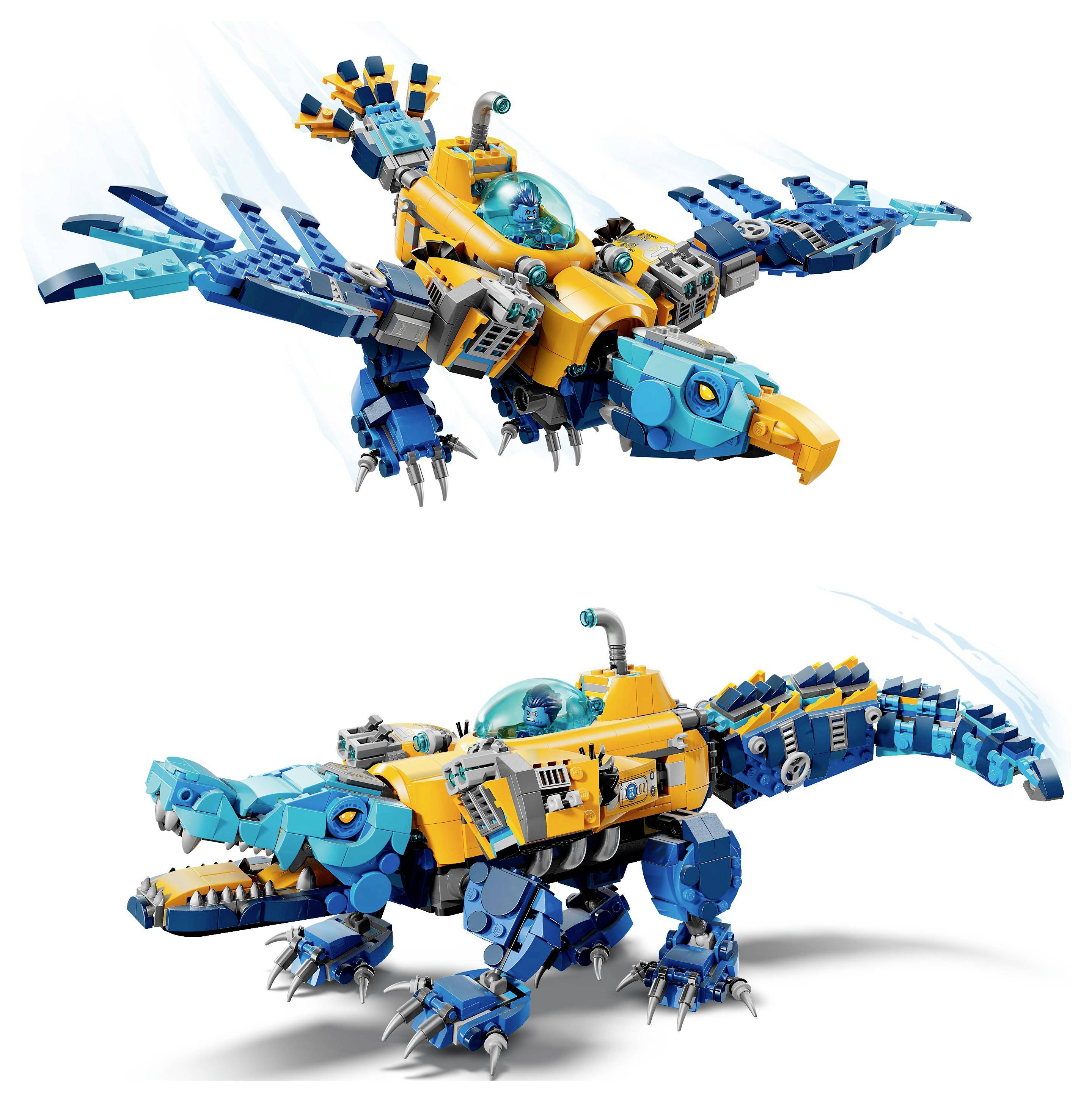 Deux modèles de jouets : en haut, un oiseau volant avec un cockpit et des griffes, en bas, un dinosaure avec des ailes et un cockpit. Les deux sont bleus et oranges.