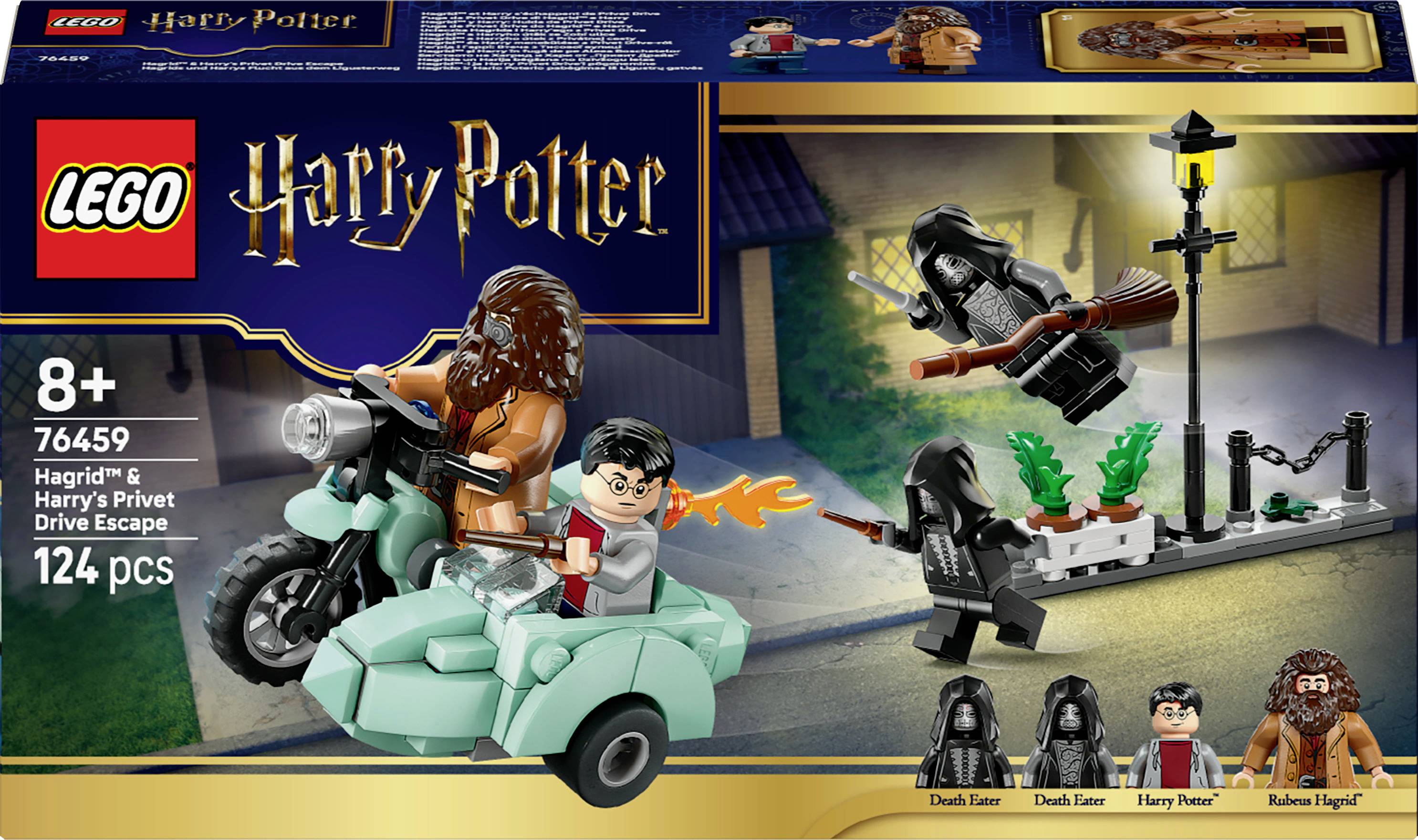 Ensemble LEGO représentant Hagrid et Harry Potter sur une moto, poursuivis par des Détraqueurs. Ensemble adapté aux enfants de 8 ans et plus, comprenant 124 pièces.